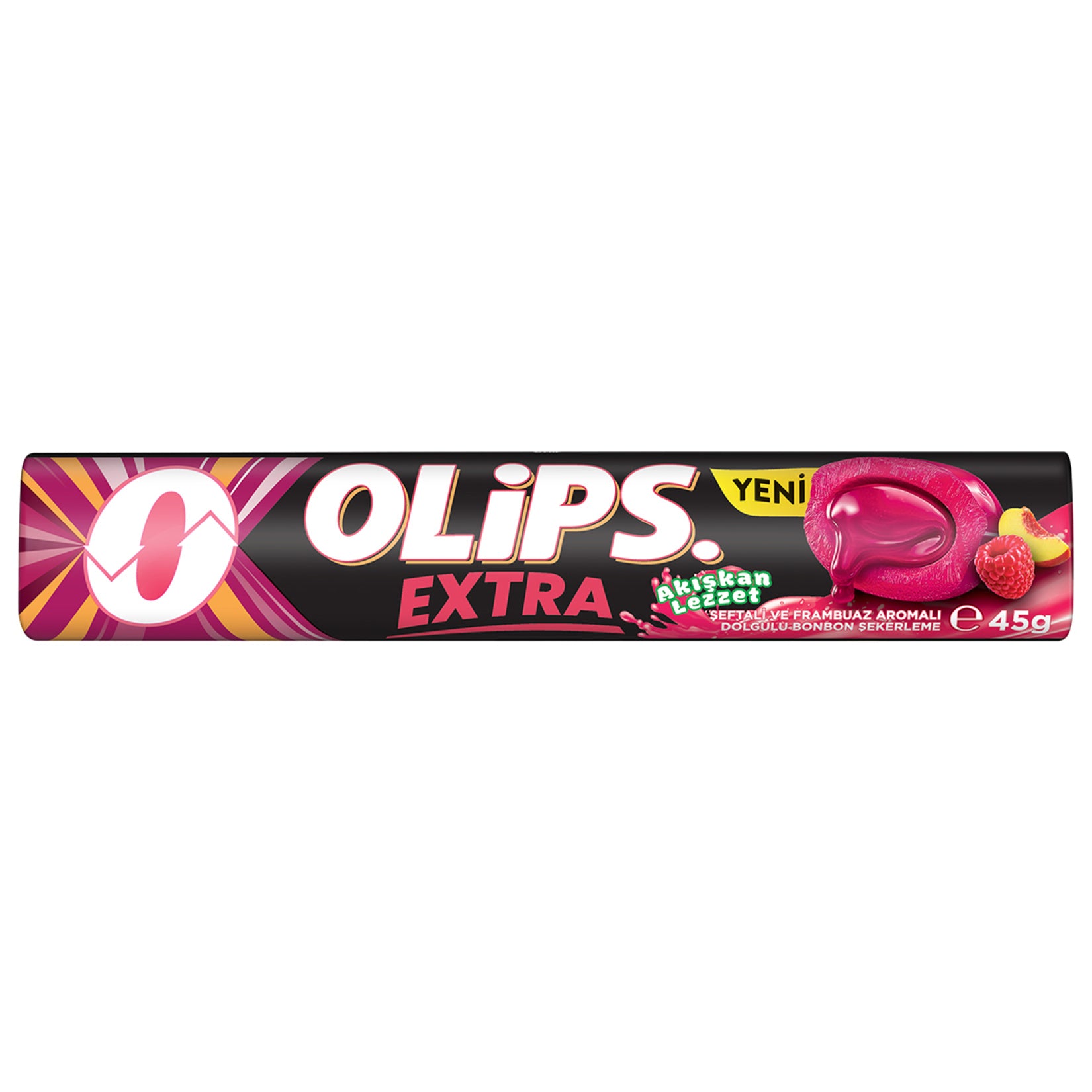 Olips Extra Seftali & Frambuaz Aroma Filled Bonbon Candy combines the juicy taste of peach and raspberry in a smooth, fruit-filled hard candy.