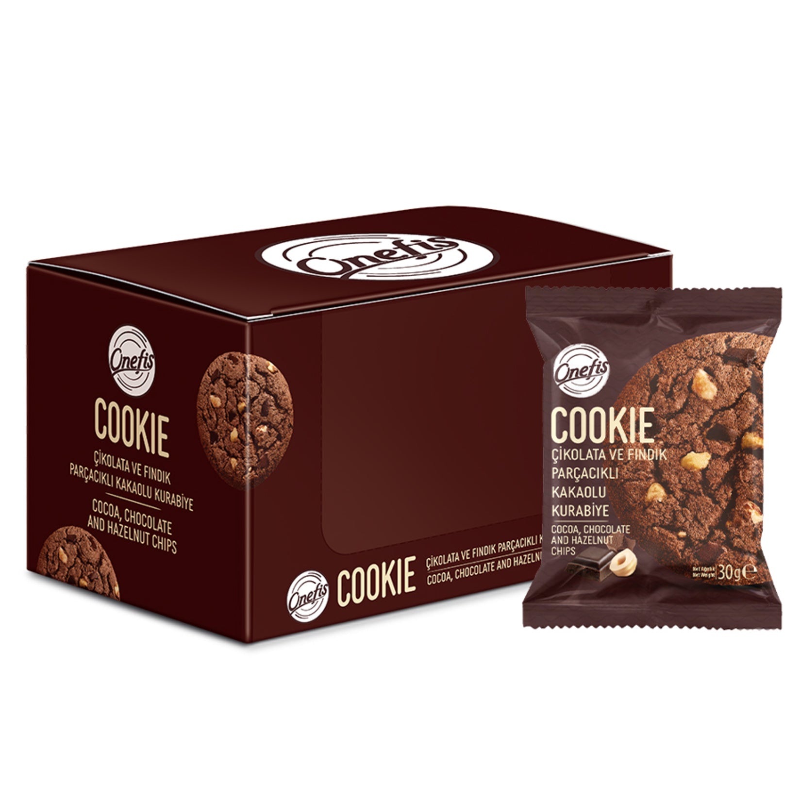 Onefis Chocolate and Hazelnut Cacao Cookie brings together rich cacao flavor, crunchy hazelnut pieces, and smooth chocolate chunks in a soft, satisfying cookie.