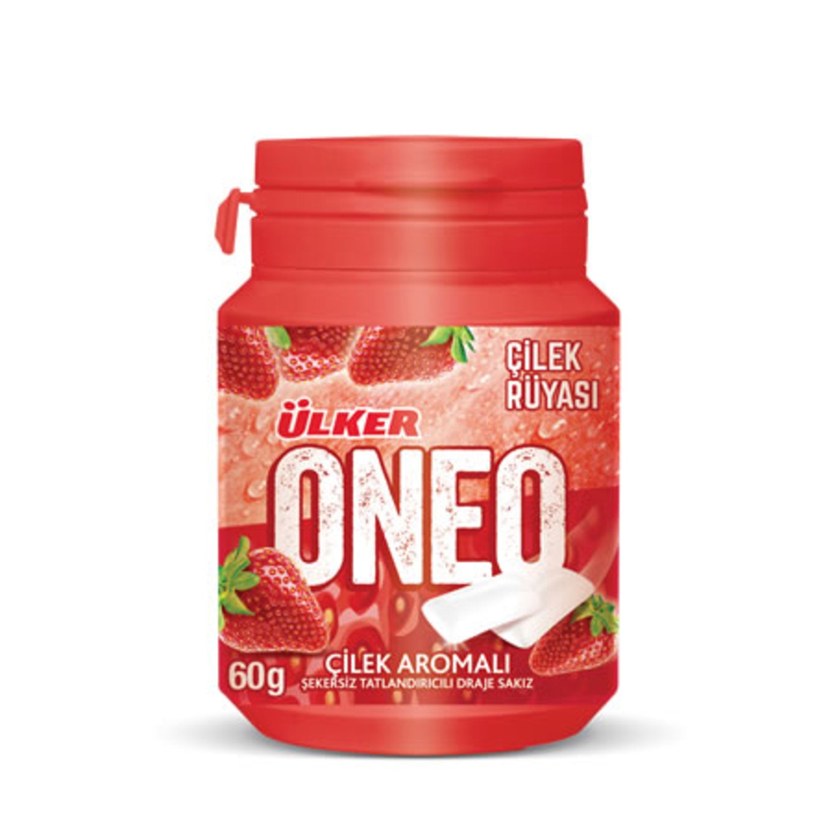 Experience a burst of fruity freshness with Oneo Strawberry Bottle Dragee Gum.