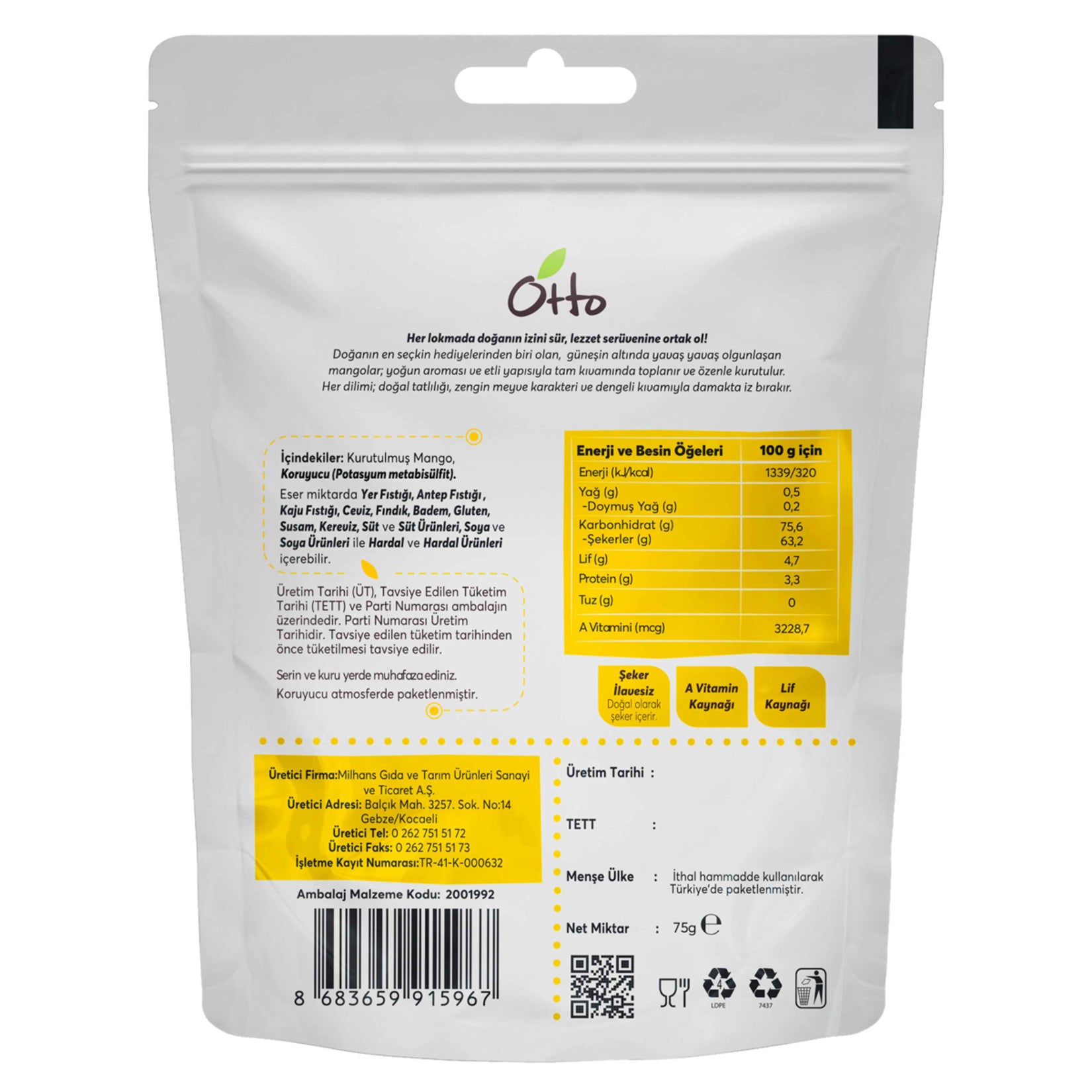 Enjoy the naturally sweet taste of Otto Dried Mango, made from carefully selected ripe mangoes and gently dried to preserve their tropical flavor and chewy texture.