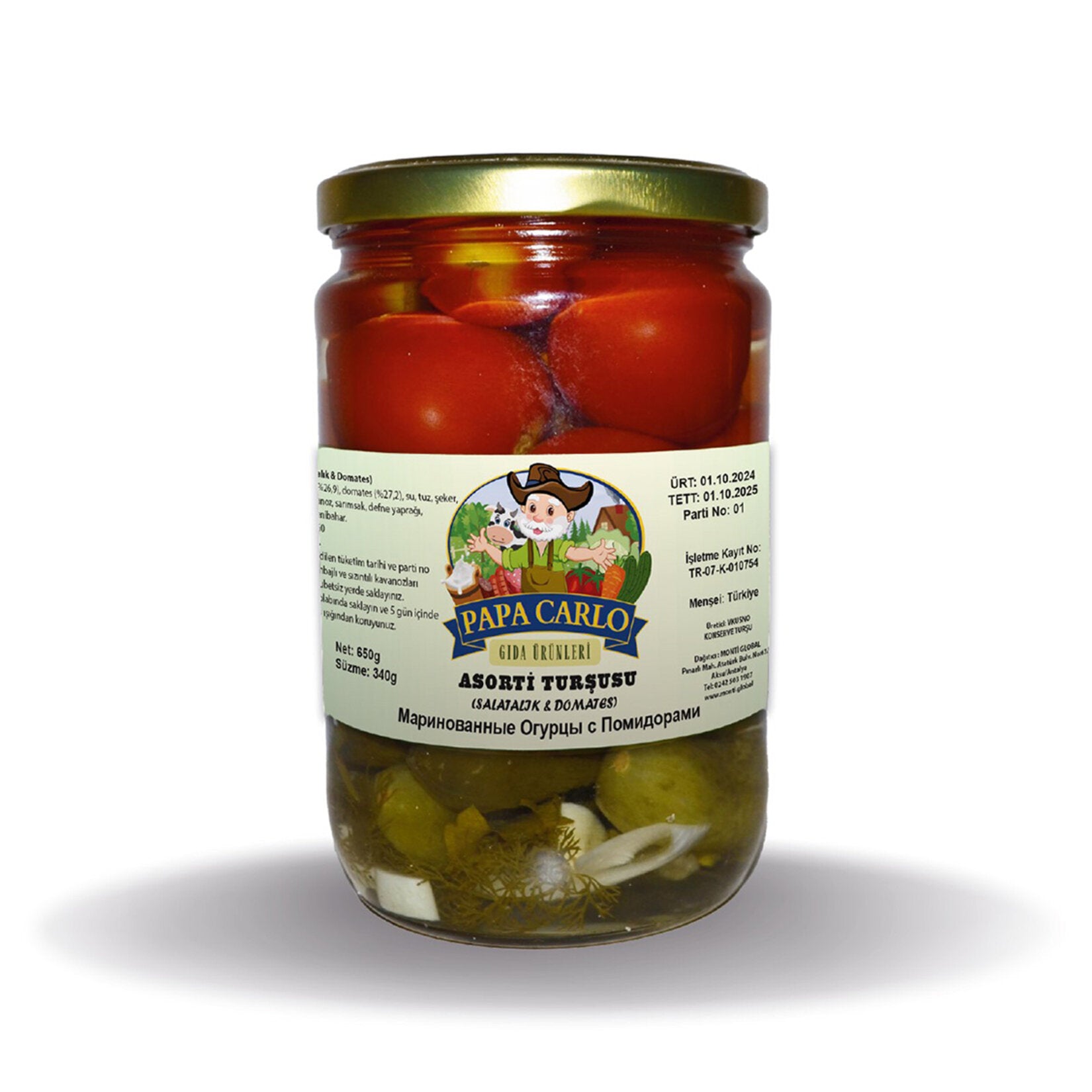 Bring bold, refreshing flavor to your table with Papa Carlo Salatalik & Domates Tursusu, a classic Turkish-style pickle blend made with crisp cucumbers and juicy tomatoes.