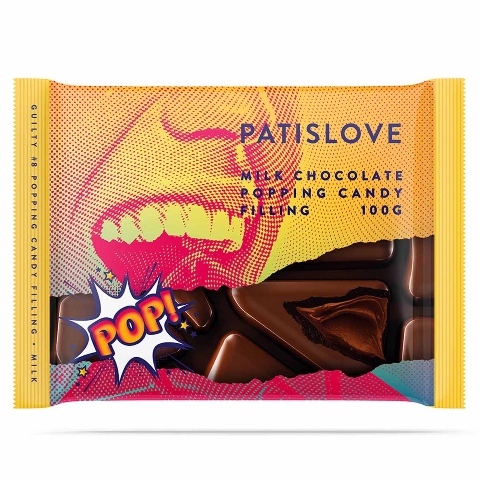 Patislove Guilty Popping Candy Filled Milk Chocolate brings together smooth milk chocolate, rich cocoa cream, and exciting popping candy pieces for a fun and flavorful experience in every bite.