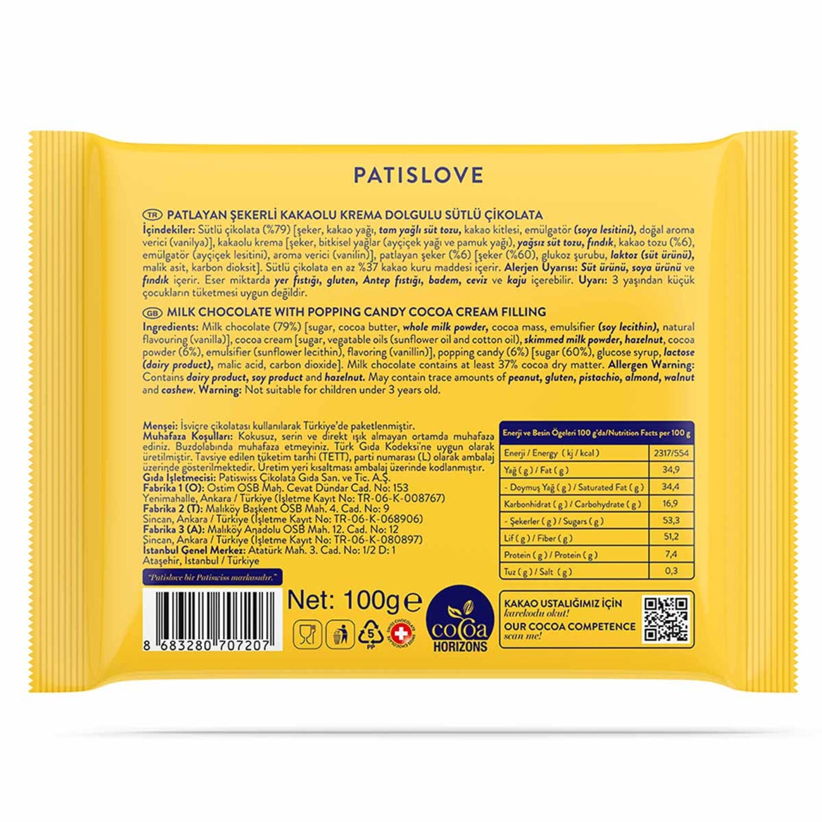 Patislove Guilty Popping Candy Filled Milk Chocolate brings together smooth milk chocolate, rich cocoa cream, and exciting popping candy pieces for a fun and flavorful experience in every bite.