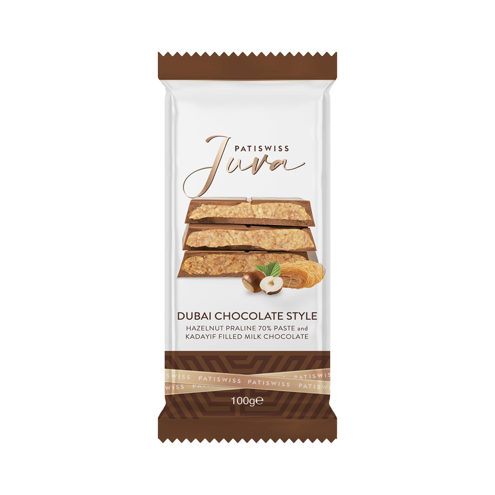 Experience the luxurious blend of rich milk chocolate filled with 70% hazelnut paste and crispy kadaif strands in the Patiswiss 70% Hazelnut Paste & Kadaif Filled Milk Chocolate Bar.