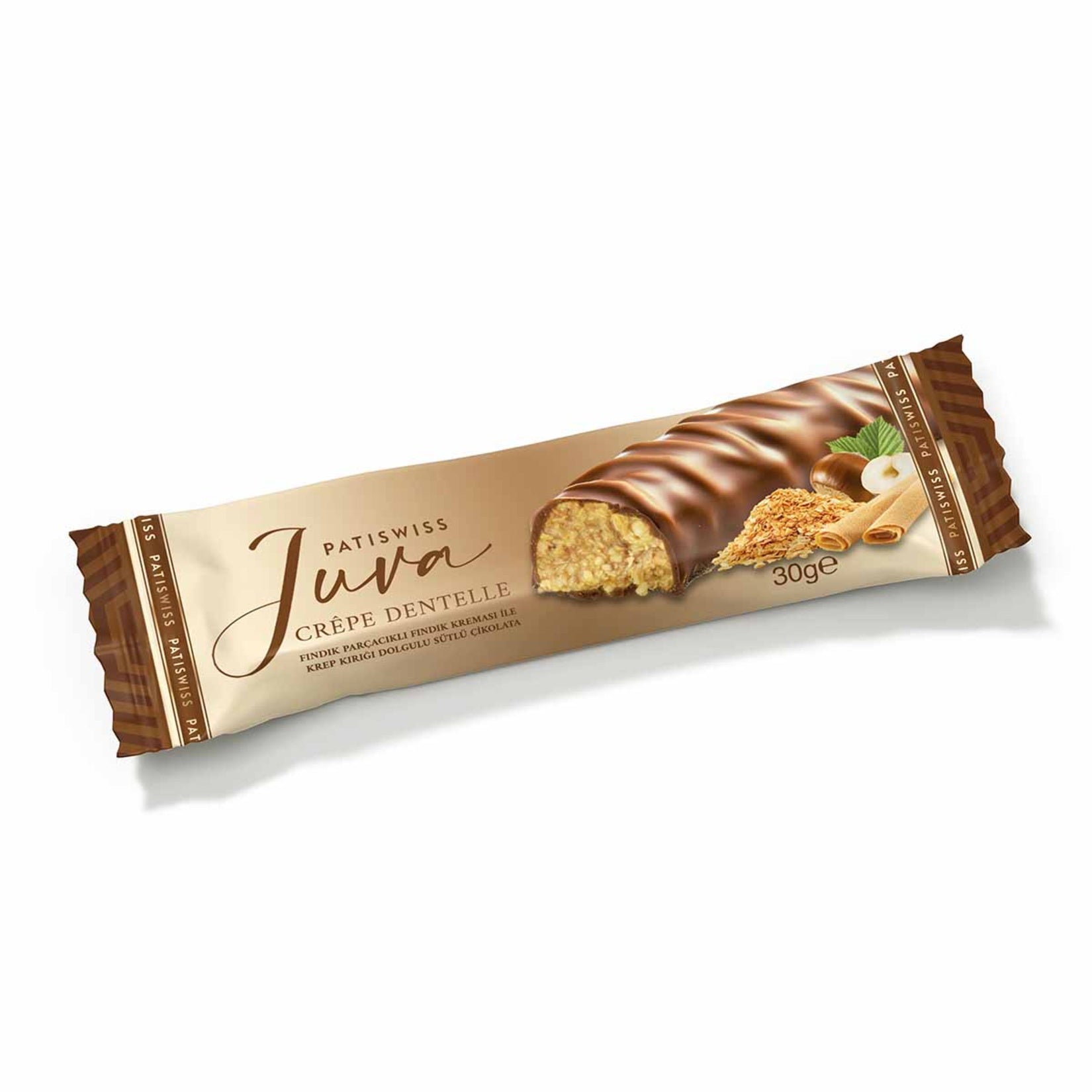 Patiswiss Juva Hazelnut Cream Crepe Crumble Milk Chocolate brings together rich hazelnut flavor and smooth milk chocolate in a perfectly portioned snack bar.