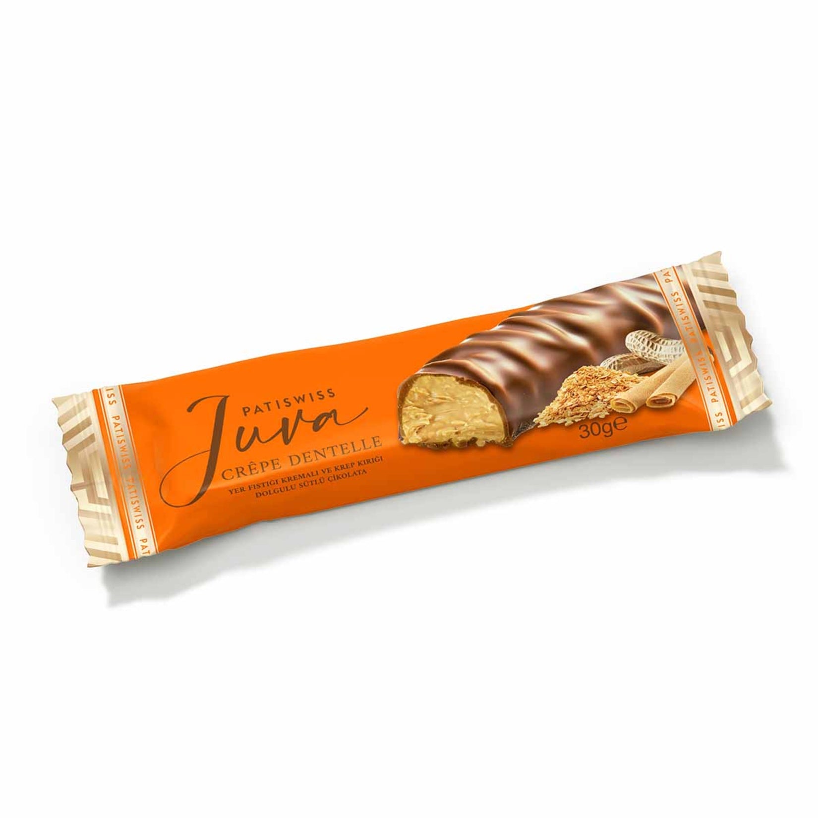 Patiswiss Juva Peanut Cream Crepe Crumble Filled Milk Chocolate combines smooth milk chocolate with a rich peanut cream center and crispy crepe crumbles for a layered, satisfying bite.
