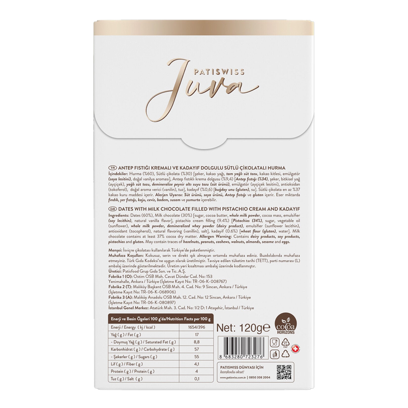 Discover the rich taste of Patiswiss Juva Pistachio Filled Milk Chocolate Dates, a premium Turkish treat that blends natural dates with creamy milk chocolate and a luscious pistachio cream filling.