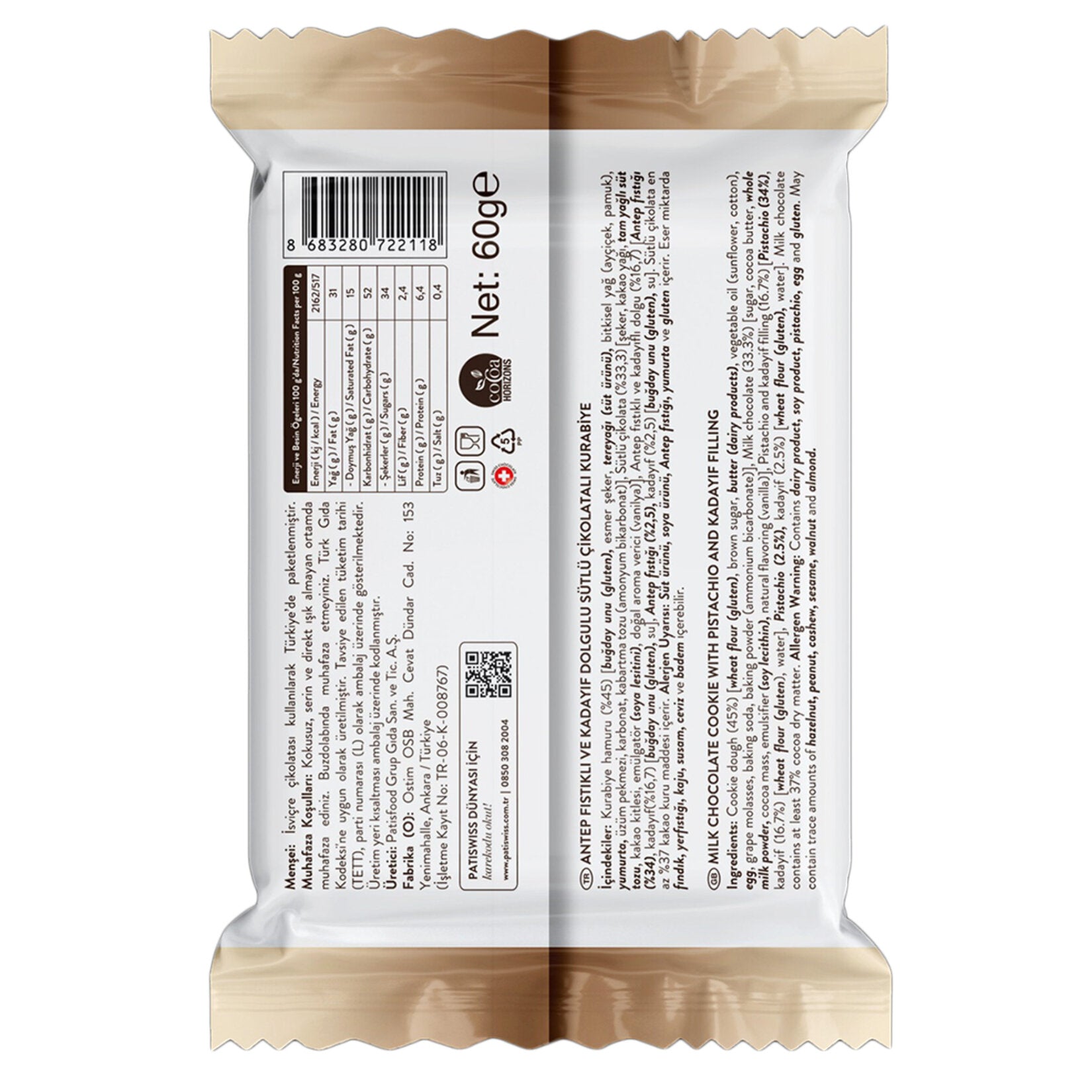 Patiswiss Juva Pistachio Kadaifi Filled Milk Chocolate Cookie brings together the rich flavors of Türkiye’s finest ingredients in one decadent treat.