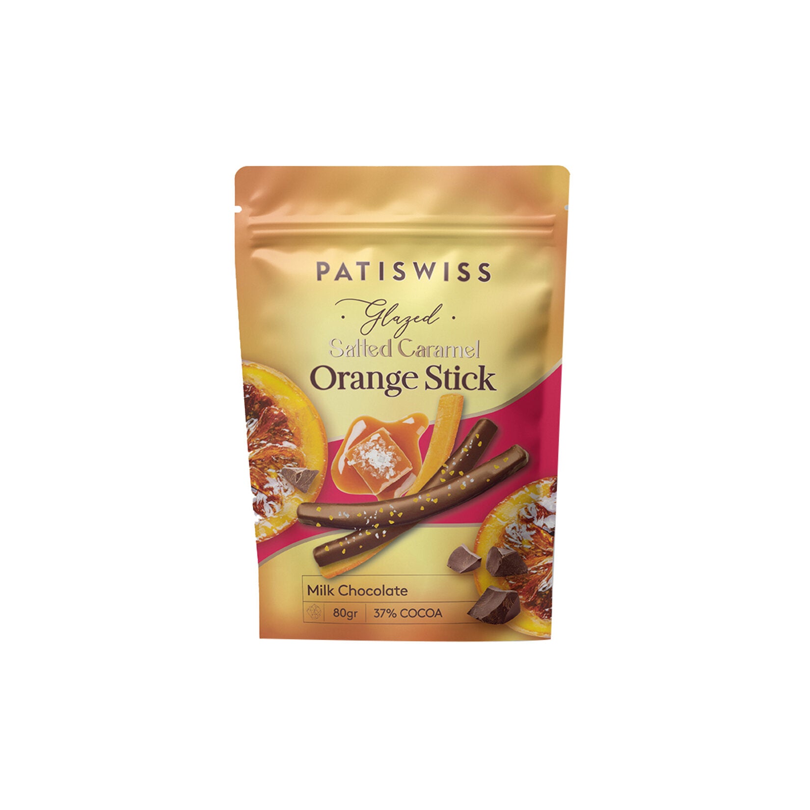 Experience a refreshing twist on chocolate with the Patiswiss Salted Caramel Milk Chocolate Orange Stick.