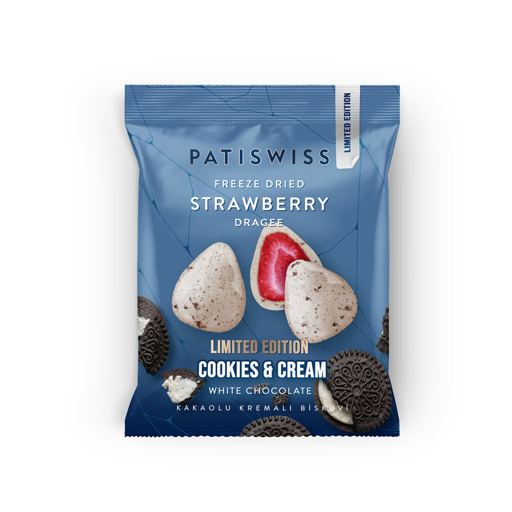 Discover the perfect harmony of flavors with Patiswiss White Strawberry Dragee with Cocoa Cream Biscuit Crumbs.