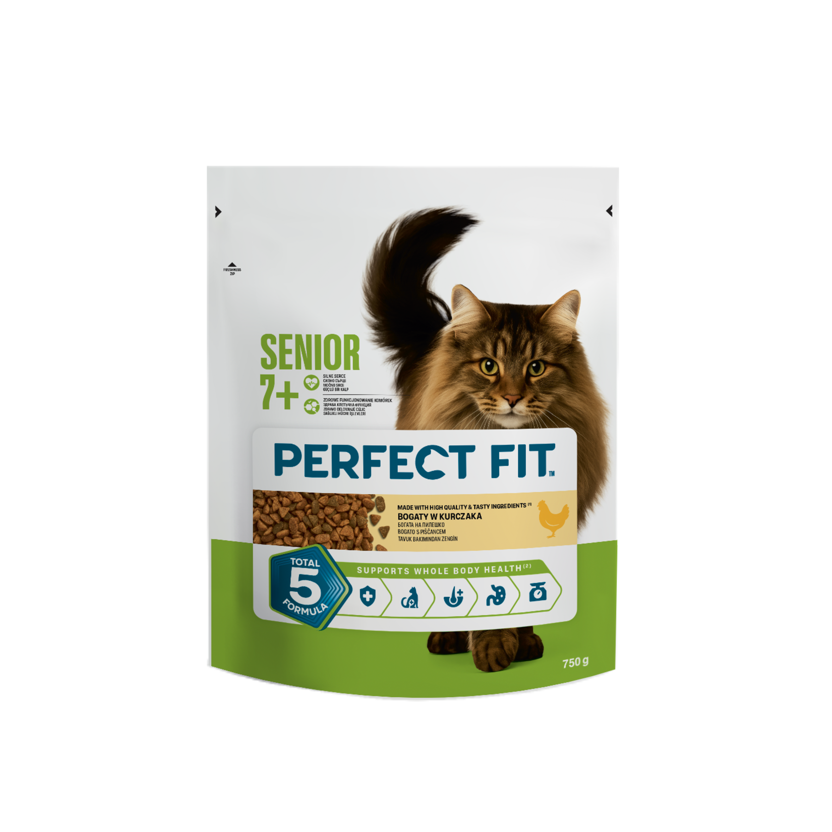 Perfect Fit Senior Chicken Dry Cat Food is specially formulated for senior cats, providing balanced daily nutrition with high-quality chicken protein (21%) and essential vitamins and minerals.