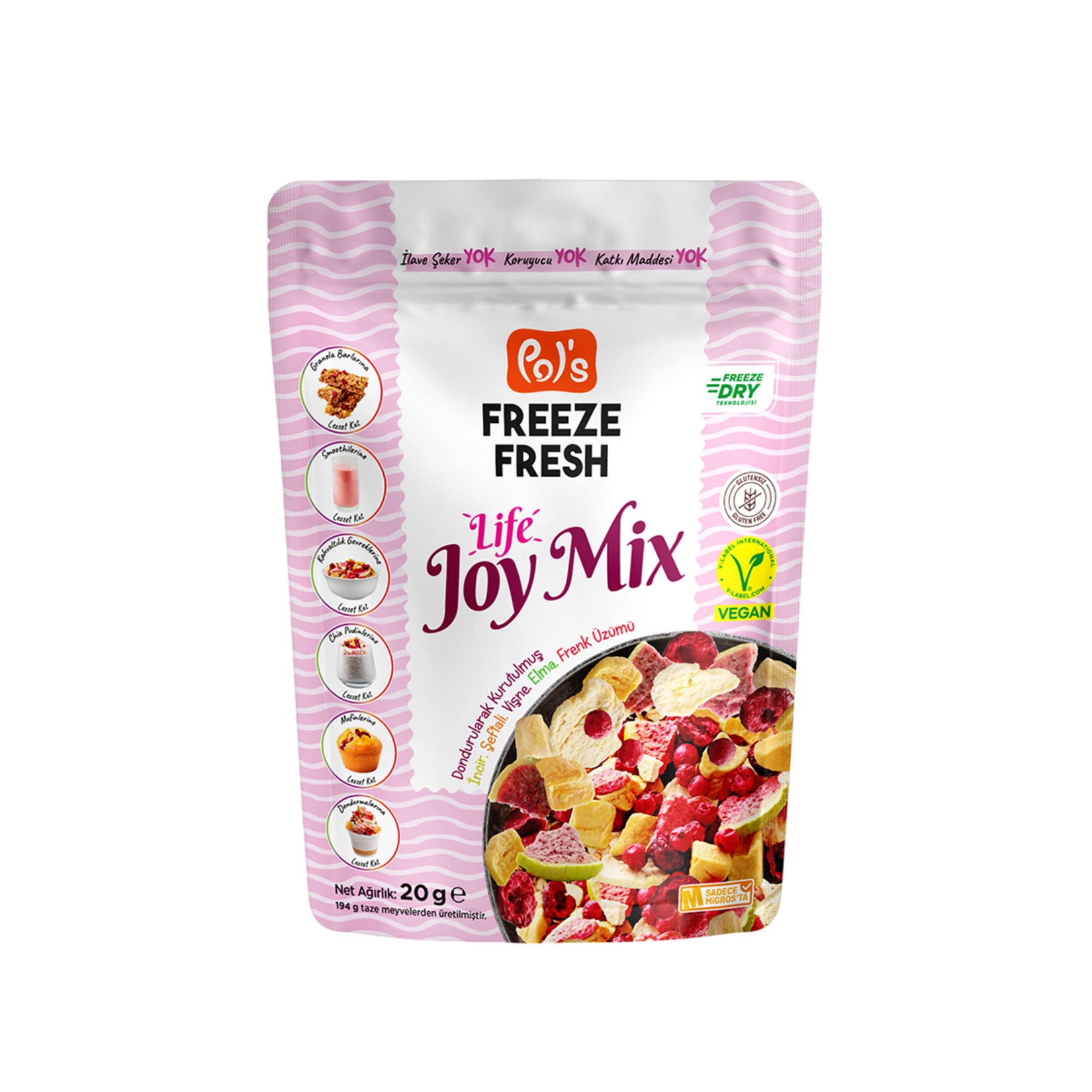 Pol's Freeze Fresh Life Joy Mix is a colorful blend of carefully selected fruits, gently freeze-dried to preserve their natural flavor and nutrients.