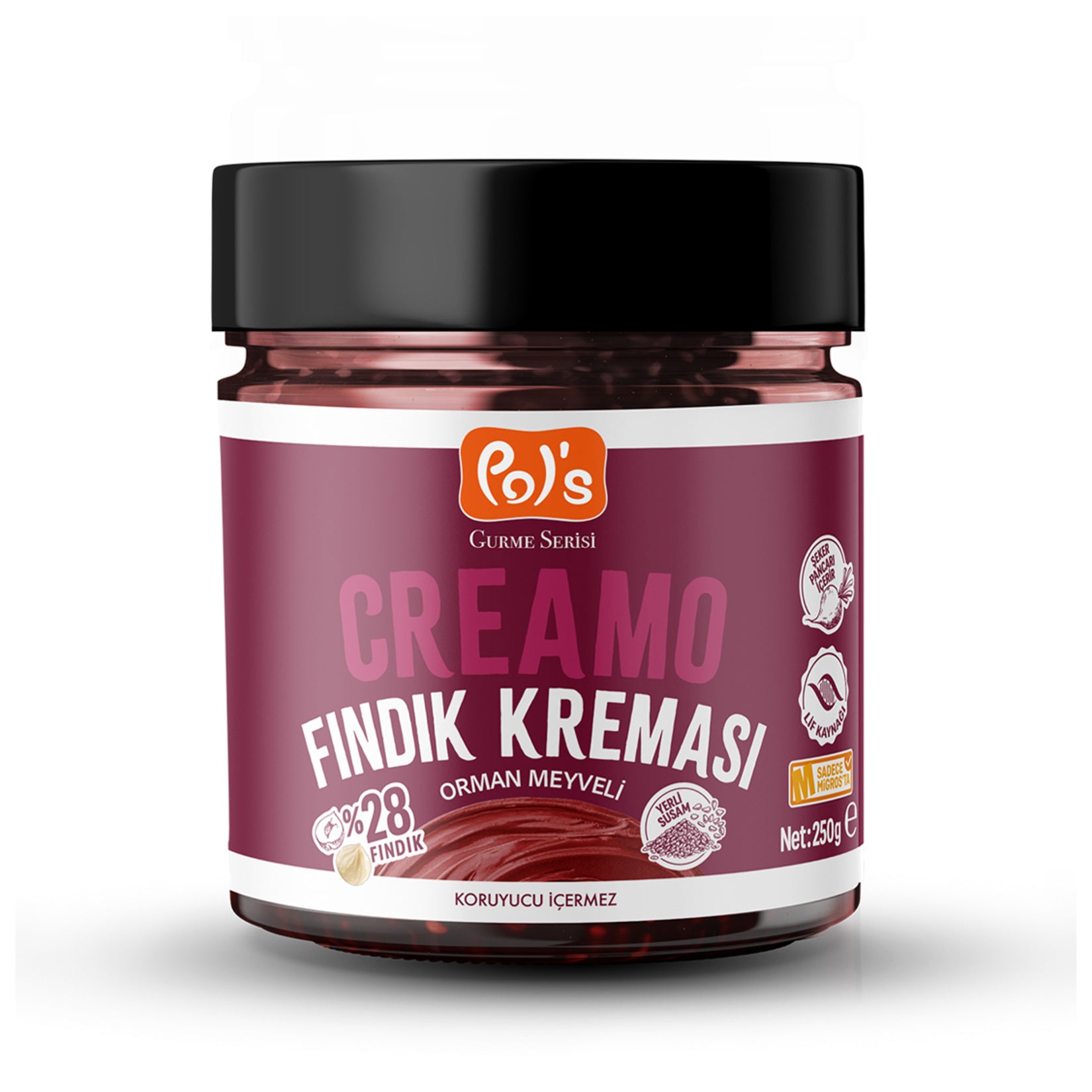 Pol's Gurme Gurme Serisi Creamo Forest Berry Hazelnut Spread brings together roasted hazelnuts, rich tahini, and real freeze-dried forest berries for a bold and naturally flavorful breakfast experience.