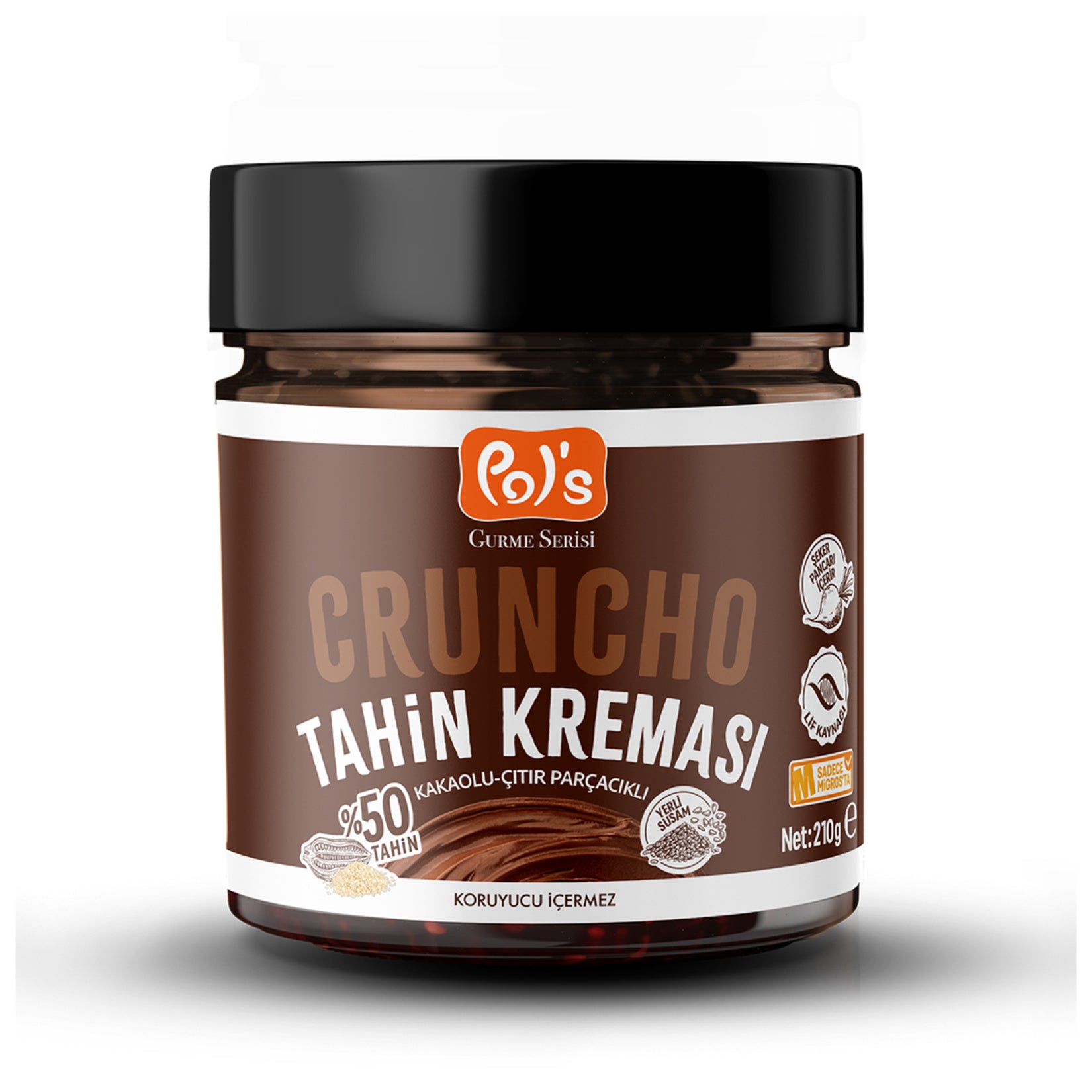Pol's Gurme Serisi Cruncho Cocoa Crunchy Pieces Tahini Spread brings together rich sesame tahini with cocoa and crispy crepe pieces for a unique, satisfying breakfast experience.