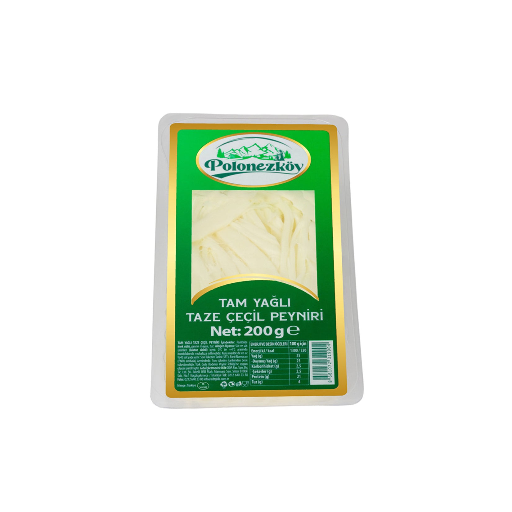 Polonezkoy Full Fat Fresh Cecil Cheese is a traditional Turkish string-style cheese known for its soft, fibrous texture and rich dairy flavor.