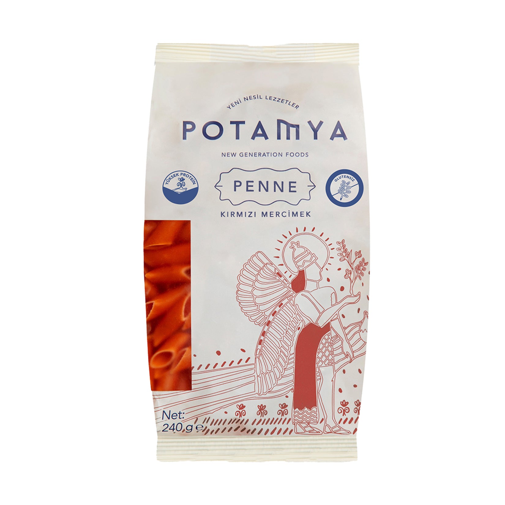 Potamya Red Lentil Penne offers a wholesome twist on traditional pasta, crafted from just two simple ingredients: red lentil flour and water.