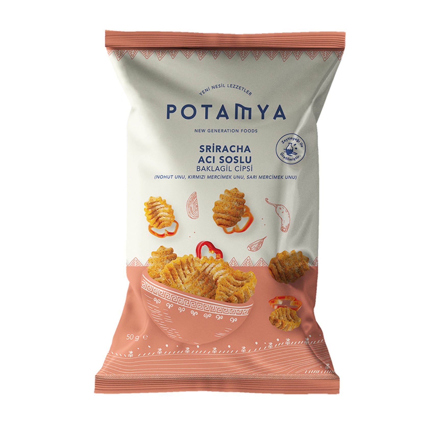 Discover the bold and fiery flavor of Potamya Sriracha Spicy Legume Chips, a deliciously crunchy snack made from a nutritious blend of chickpea, red lentil, and yellow lentil flours.