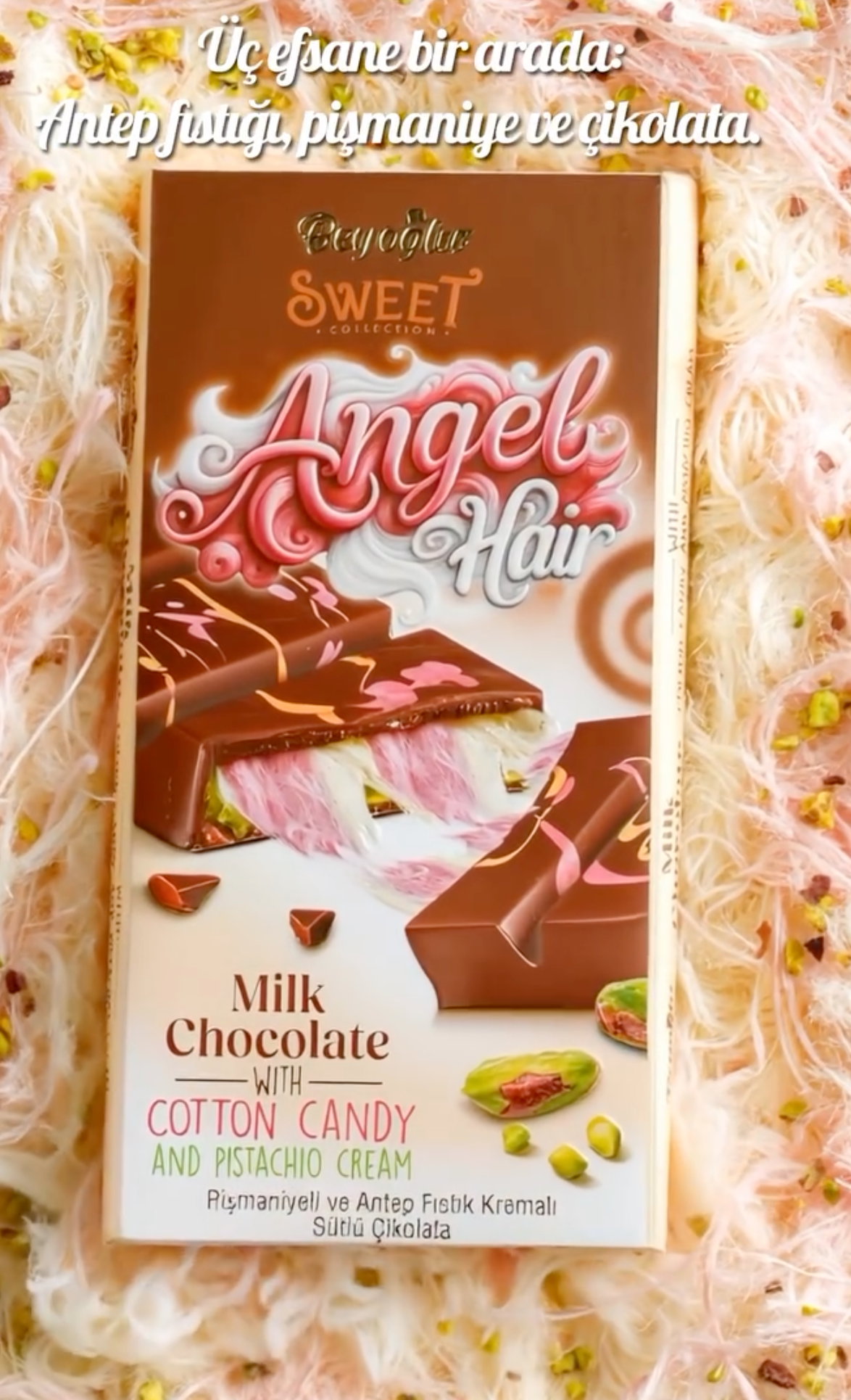 Beyoglu Viral Angel Hair Tiktok Chocolate on a surface like a cloud, resembling the angel hair's softness.
