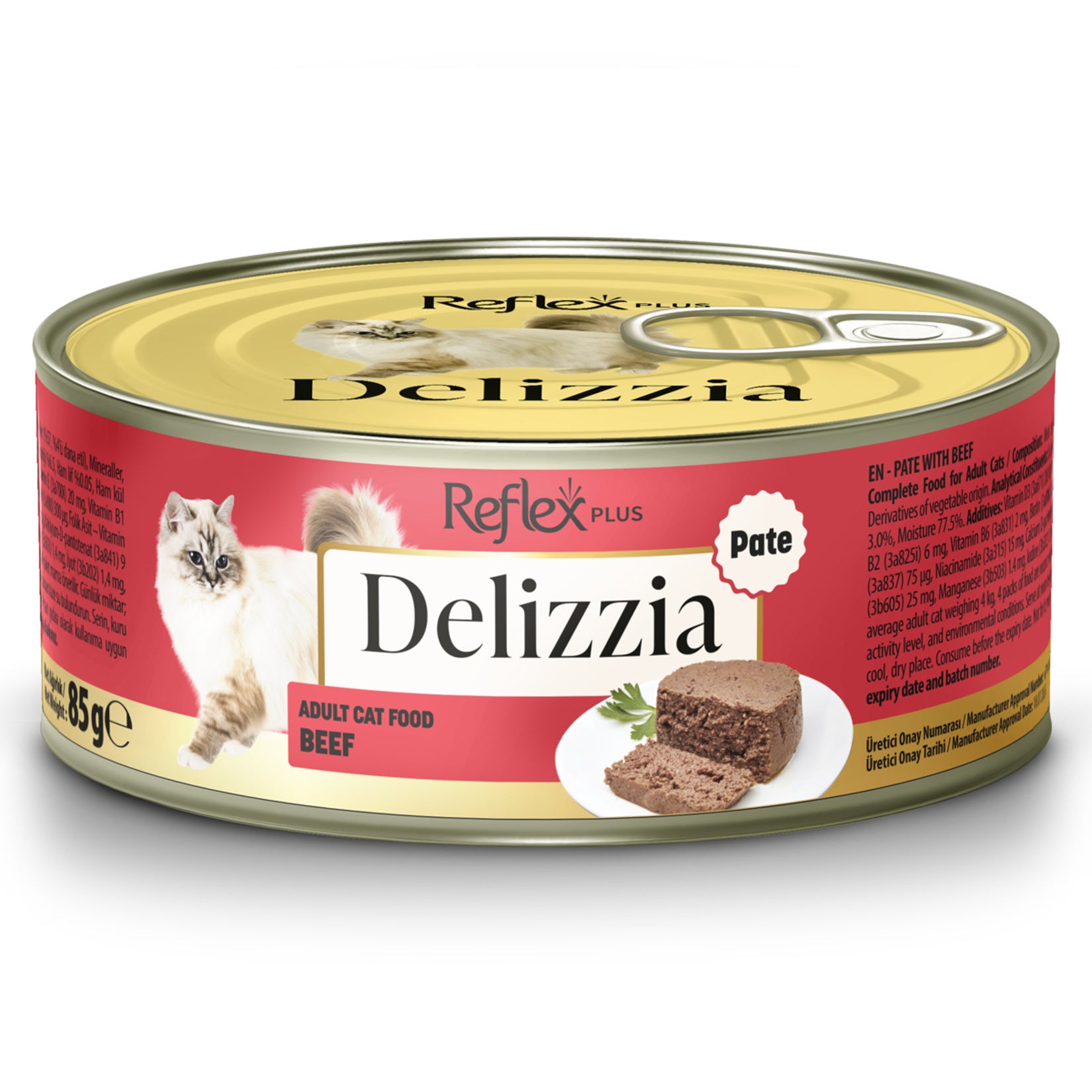 Reflex Plus Beef Wet Cat Food is specially formulated for adult cats, providing a balanced and flavorful meal with high-quality animal-based ingredients.