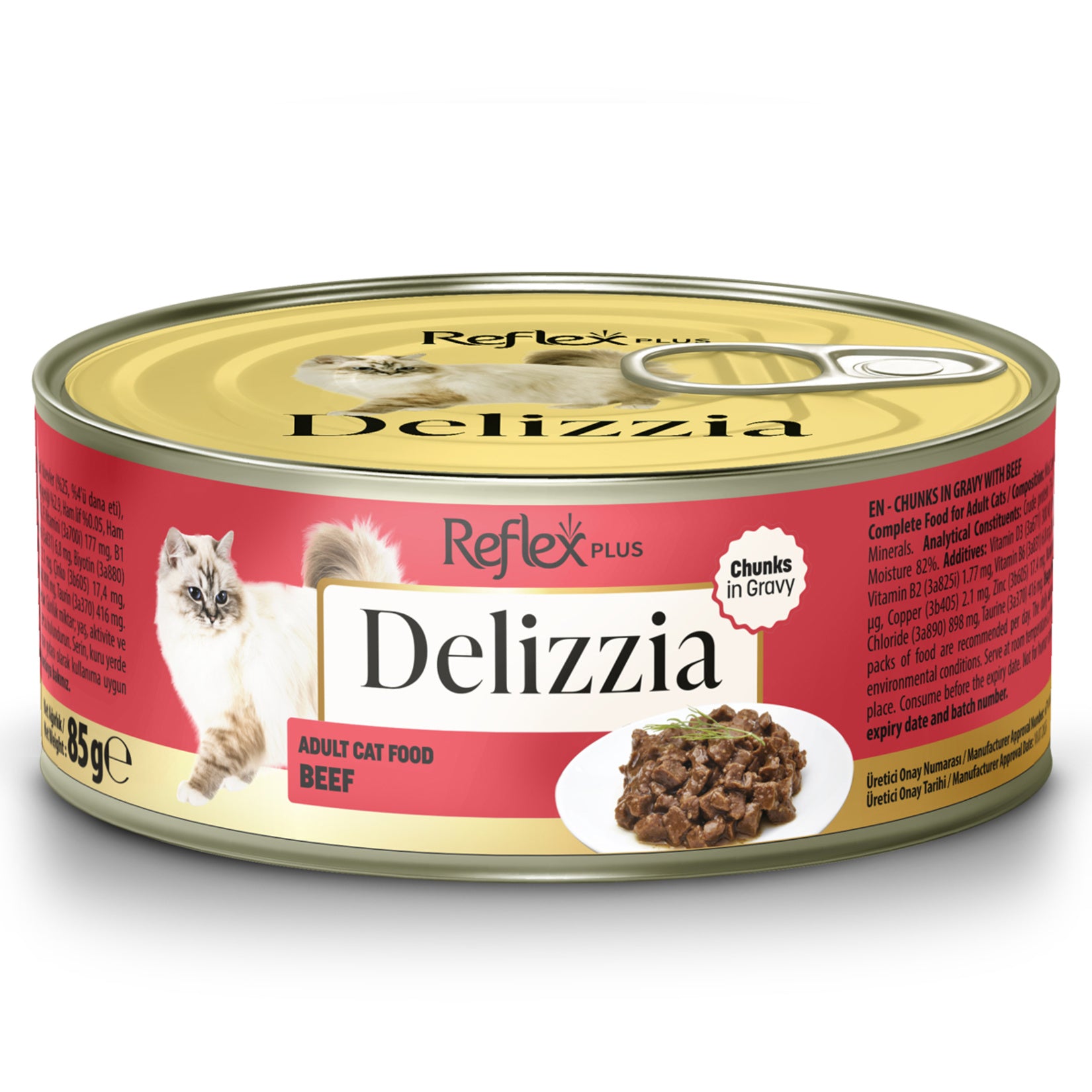 Reflex Plus Delizzia Beef Wet Cat Food 85 g is a savory, meat-based meal specially formulated for adult cats.
