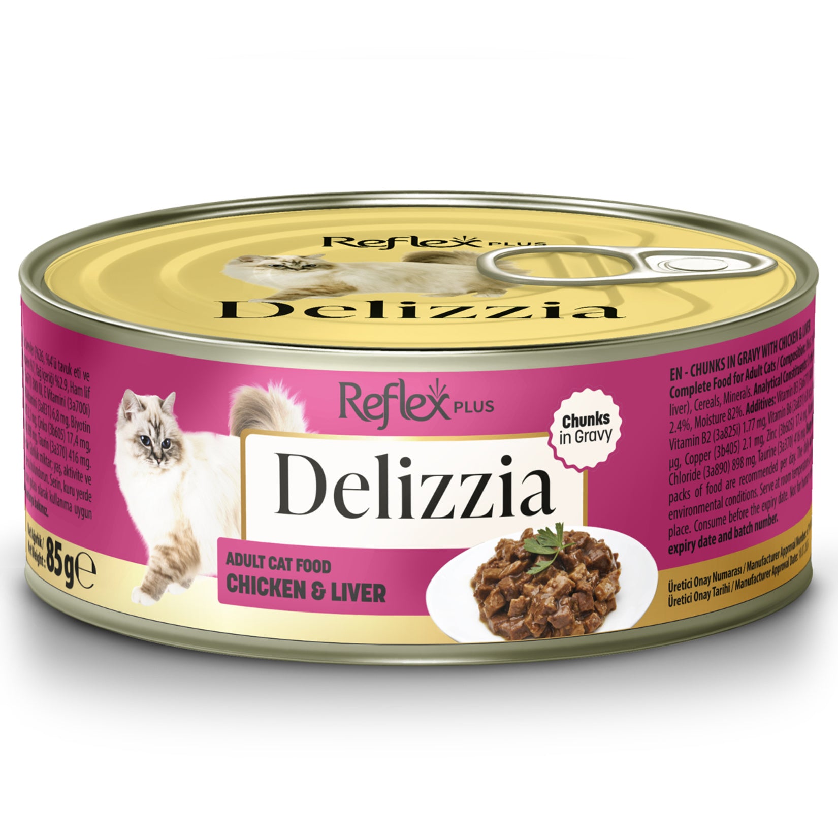 Reflex Plus Delizzia Chicken Liver Wet Cat Food 85g is a flavorful and balanced meal designed for adult cats.