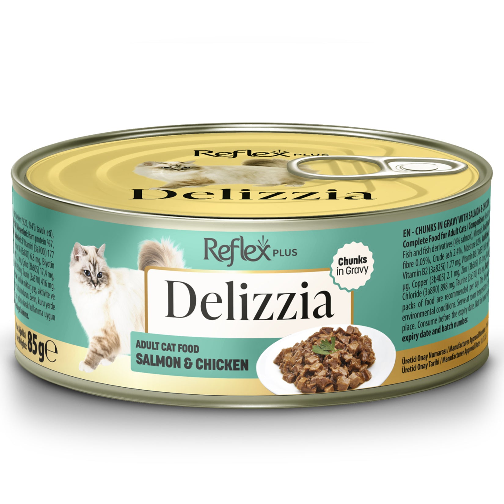 Reflex Plus Delizzia Salmon Chicken Adult Cat Food is a flavorful wet food recipe developed for adult cats.
