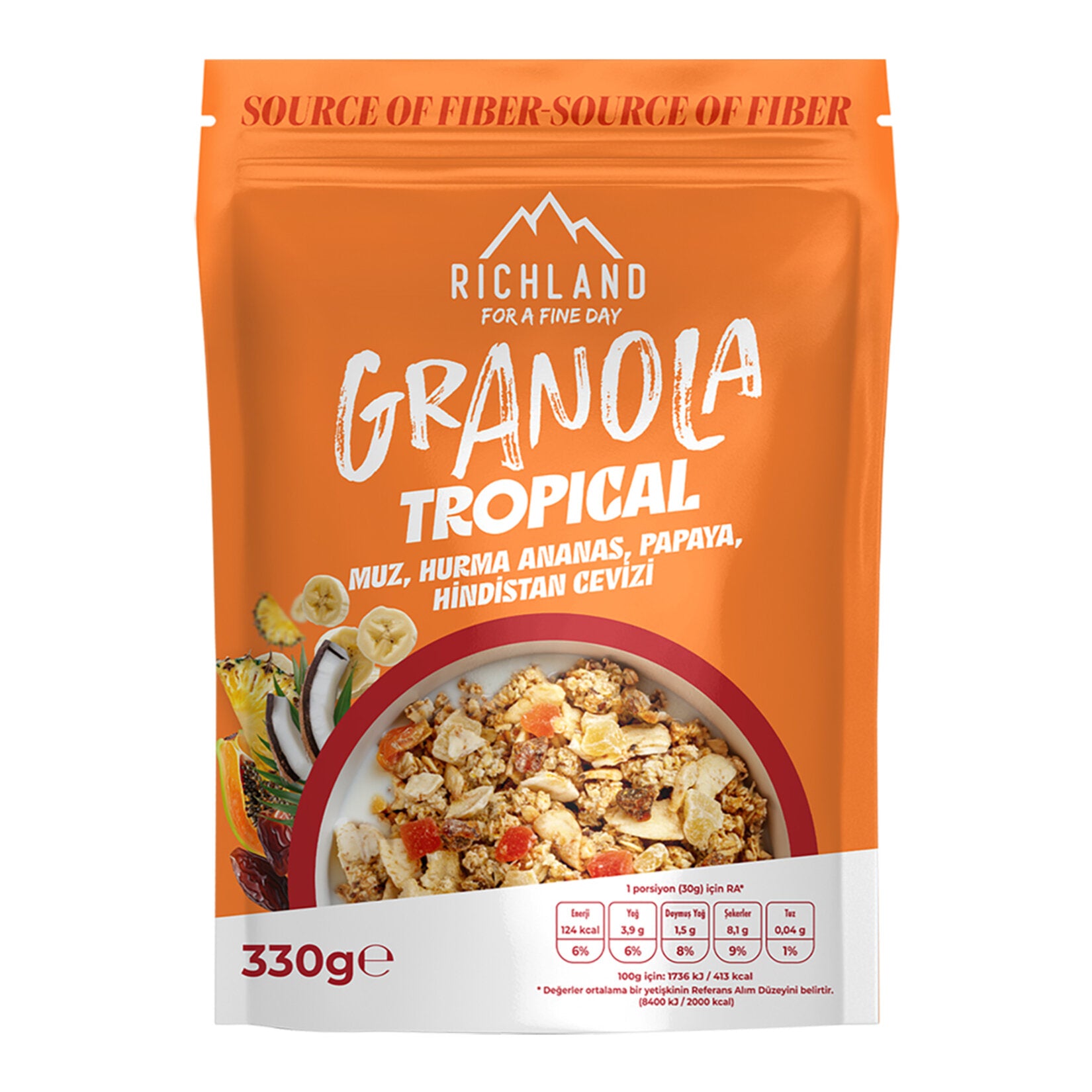 Start your morning with the vibrant taste of Richland Granola Tropical Fruit.