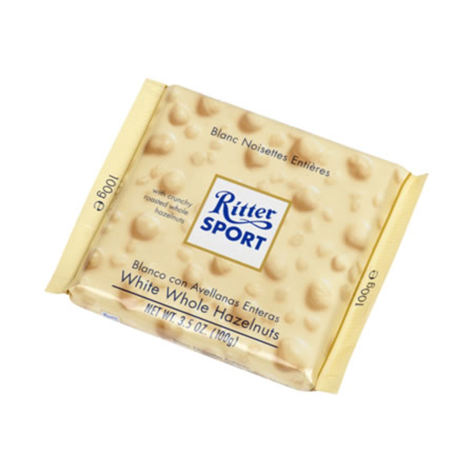 Ritter Sport White Chocolate with Whole Hazelnuts is a rich and creamy treat made with 25% whole hazelnuts, premium white chocolate, and crispy rice for a delightful crunch.