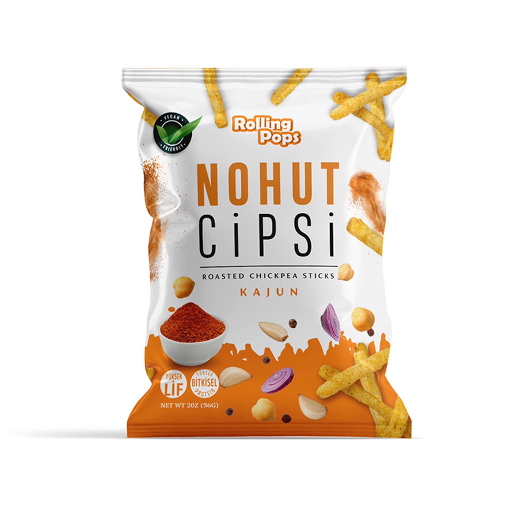 Rolling Pops Cajun Chickpea Chips bring bold flavor and crunch in every bite. Made with 55% chickpea