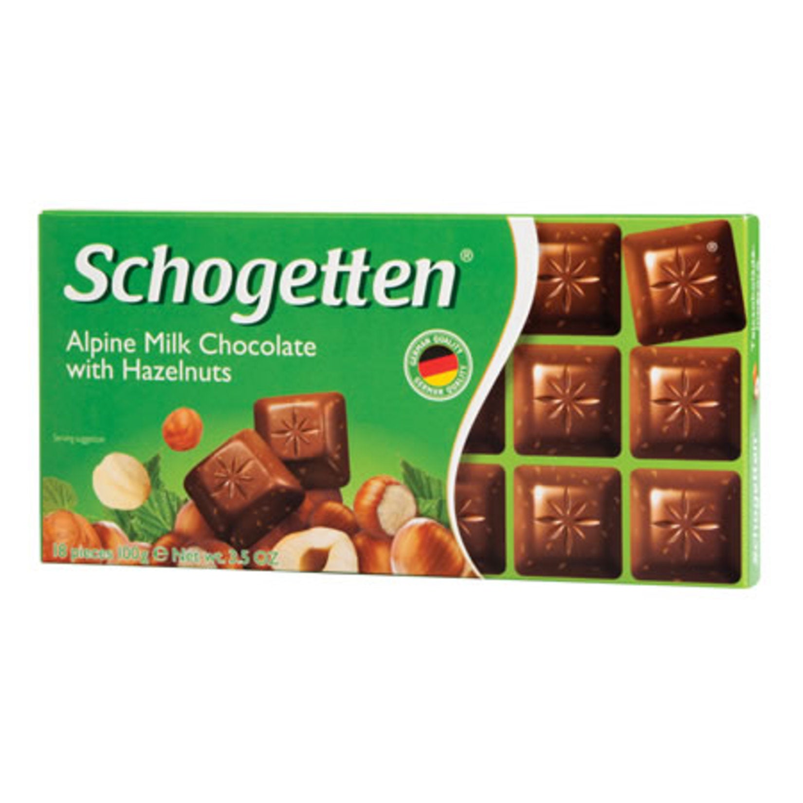 Schogetten Hazelnut Milk Chocolate Bar brings together smooth milk chocolate and crunchy hazelnuts in every bite-sized piece.