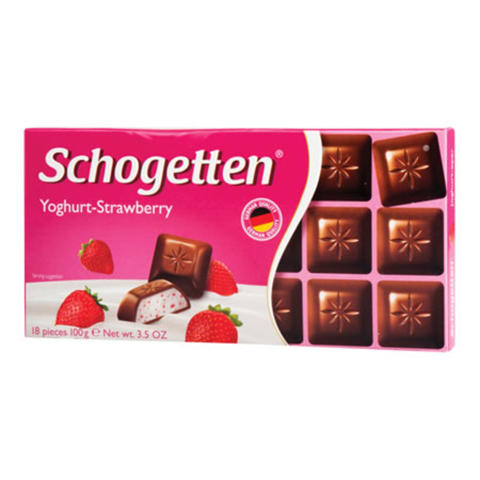 Enjoy the delightful fusion of fruity and creamy with the Schogetten Strawberry Yogurt Milk Chocolate Bar.