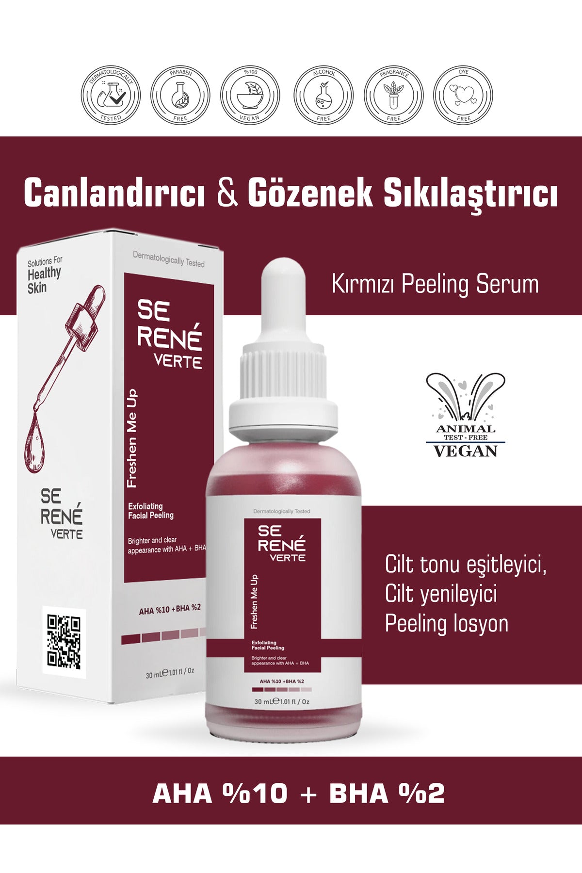 Se Rene Verte Revitalizing & Pore Tightening Red Peeling Face Serum is a high-performance AHA 10% + BHA 2% exfoliating serum designed to refine skin texture, unclog pores, and promote a more even-looking complexion.