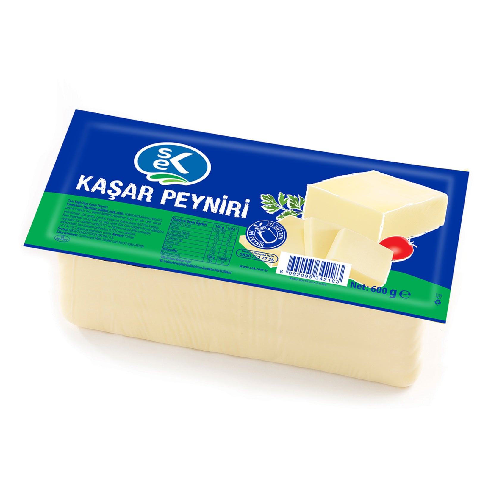 Sek Full Fat Fresh Kashar Cheese is a classic Turkish-style semi-hard cheese made from high-quality pasteurized cow’s milk.