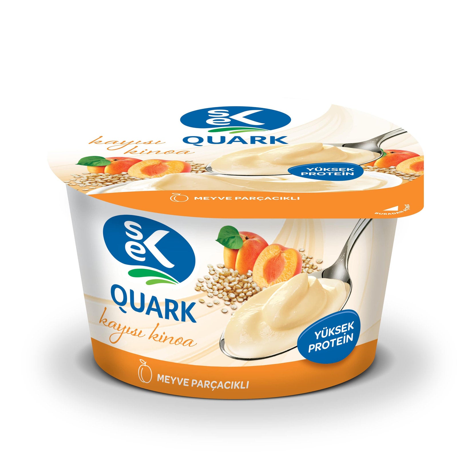 Sek Quark Apricot Quinoa brings together the creamy texture of traditional quark cheese with the naturally sweet taste of apricot and the subtle crunch of quinoa.
