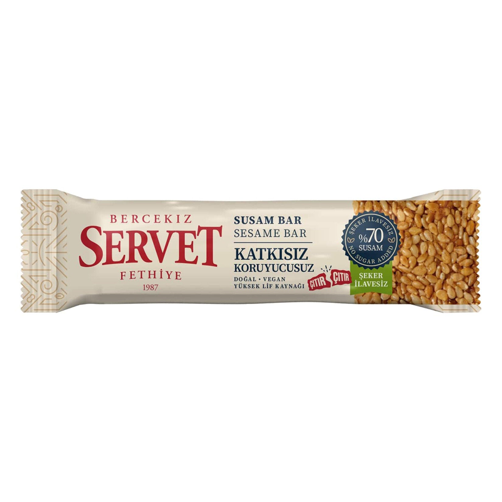 Discover the rich, nutty flavor of the Servet Şekerleme Sesame Bar, a traditional treat made with 70% sesame seeds, date juice concentrate, and freshly squeezed lemon juice.