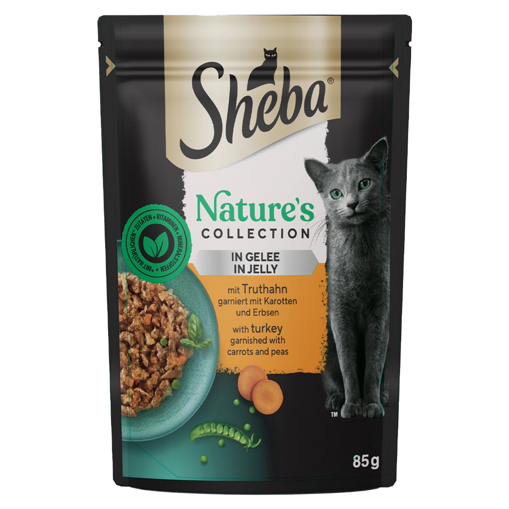 Sheba Turkey with Carrot & Pea Wet Cat Food is a flavorful, complete wet meal made with high-quality turkey slices and a delicate garnish of carrots and peas.