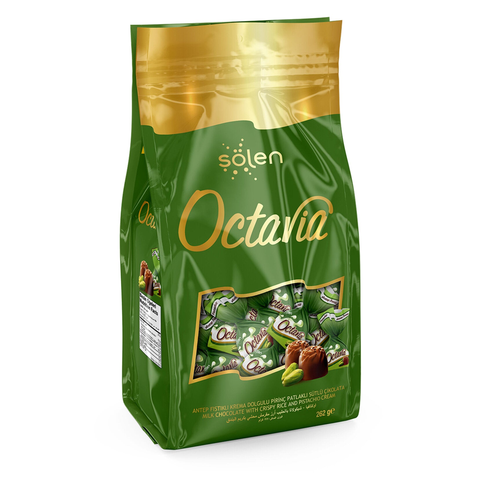 Solen Octavia Pistachio Cream Milk Chocolate brings together smooth milk chocolate, rich pistachio cream, and a light crispy texture in every bite.