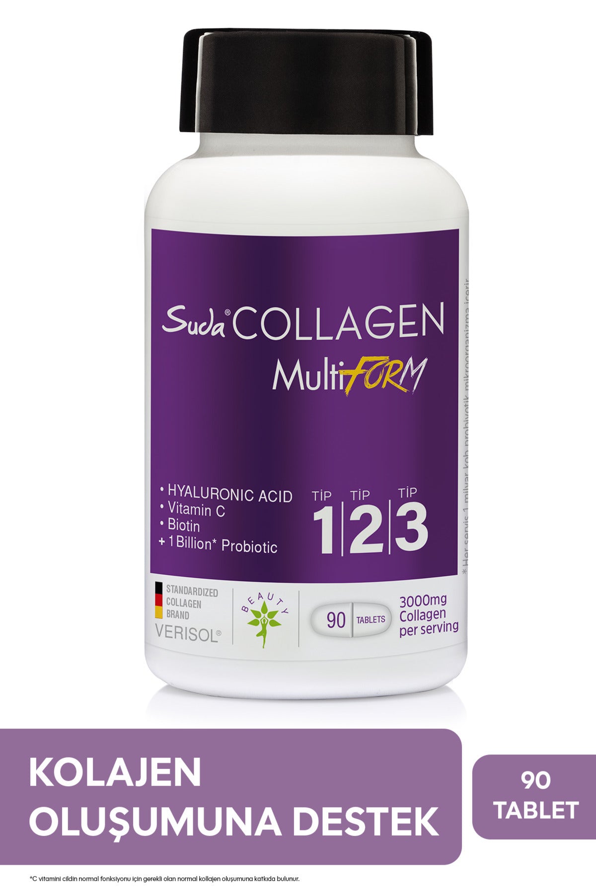 Suda Collagen Multiform Collagen Tablet is a comprehensive collagen complex formulated with Type I, II, and III hydrolyzed collagen peptides, enriched with Vitamin C, Biotin, Zinc, Hyaluronic Acid, and a probiotic microorganism.
