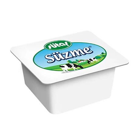 White container of Sutas Süzme cottage white cheese with a blue label on a white background