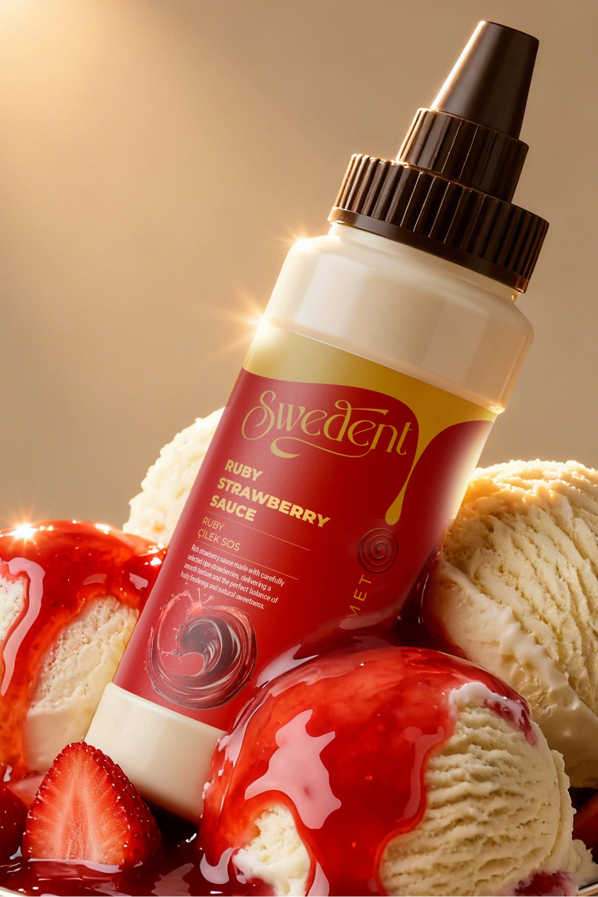 Enjoy the vibrant taste of real fruit with Swedent Gourmet Series Ruby Strawberry Flavored Sauce.