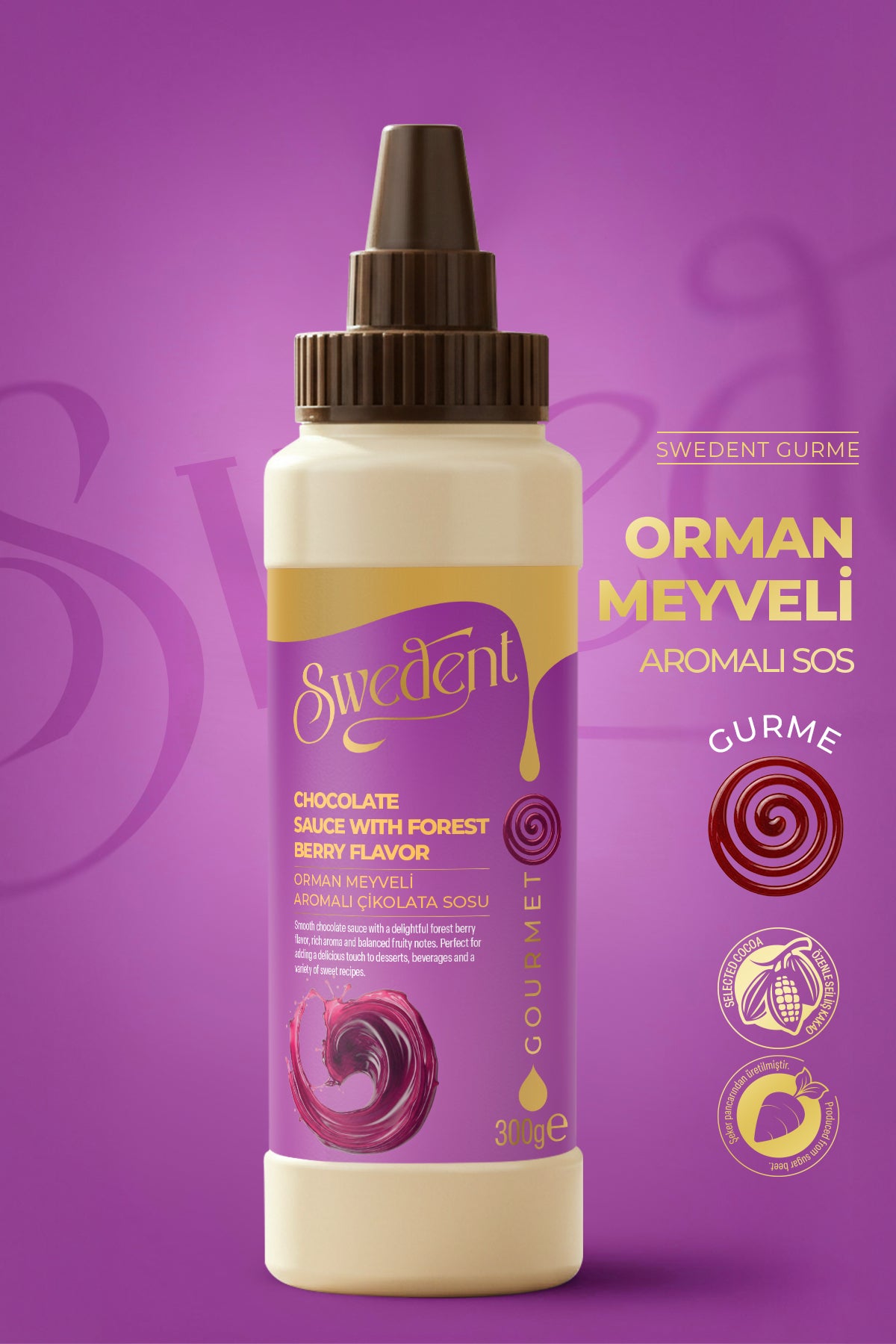 Swedent Gurme Serisi Forest Fruit Chocolate Sauce brings together the deep richness of chocolate with the vibrant taste of forest fruits.