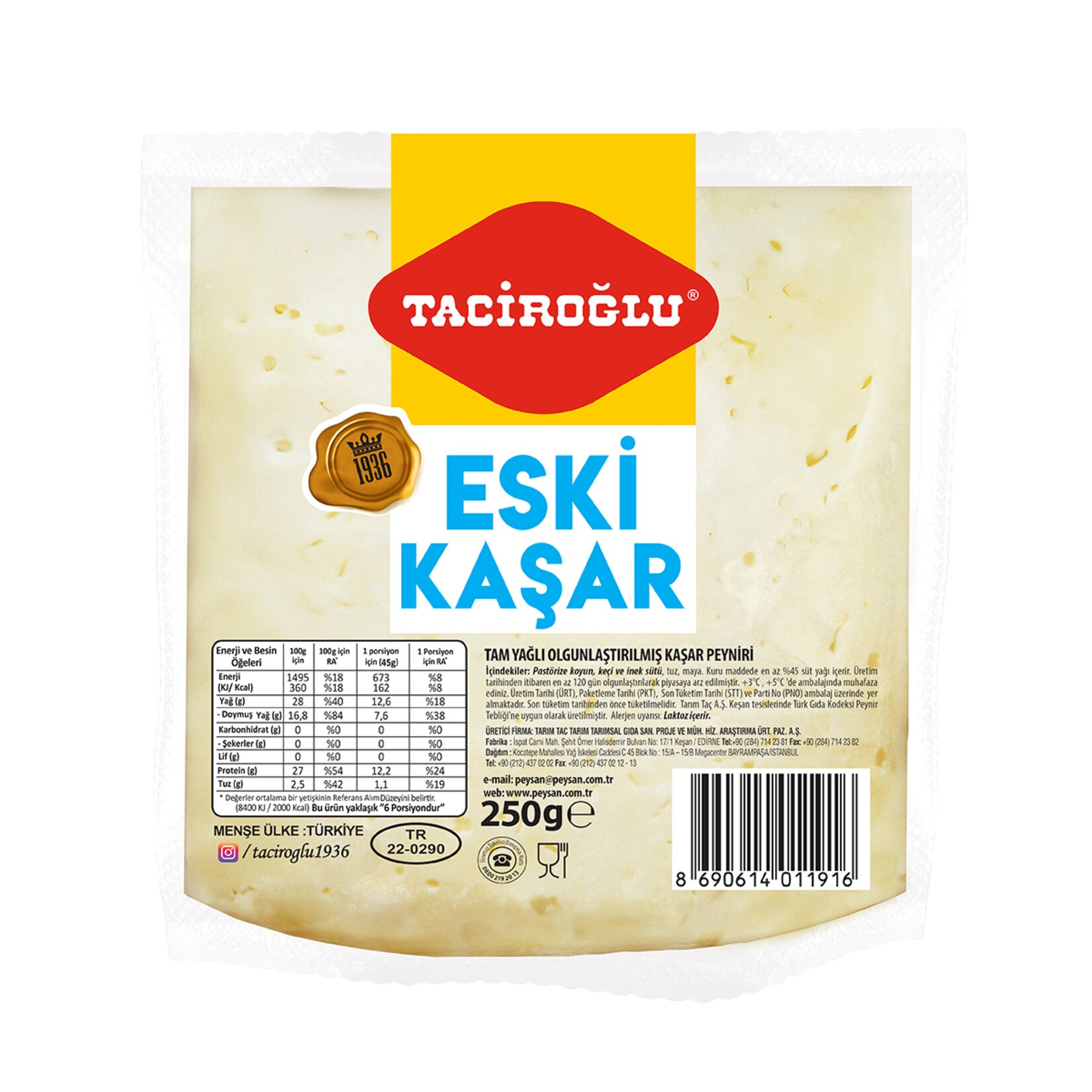 Taciroglu Aged Kashar Cheese is a rich, full-fat, traditionally matured Turkish cheese made from a blend of pasteurized sheep and cow’s milk.