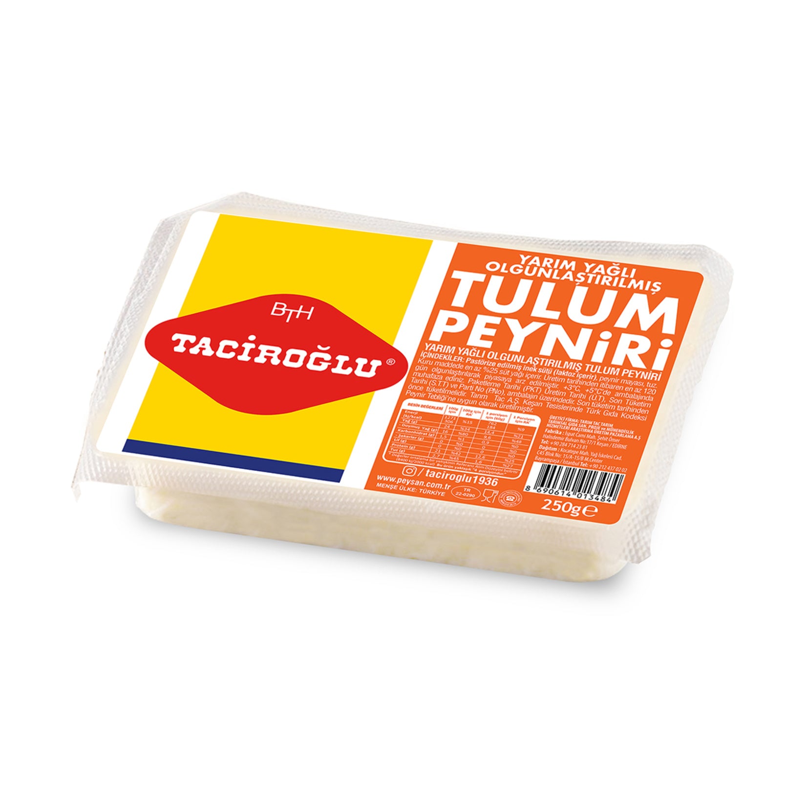 Taciroglu Semi-Skimmed Aged Tulum Cheese is a traditional Turkish white cheese crafted from pasteurized cow’s milk and carefully aged to develop its bold, tangy character.