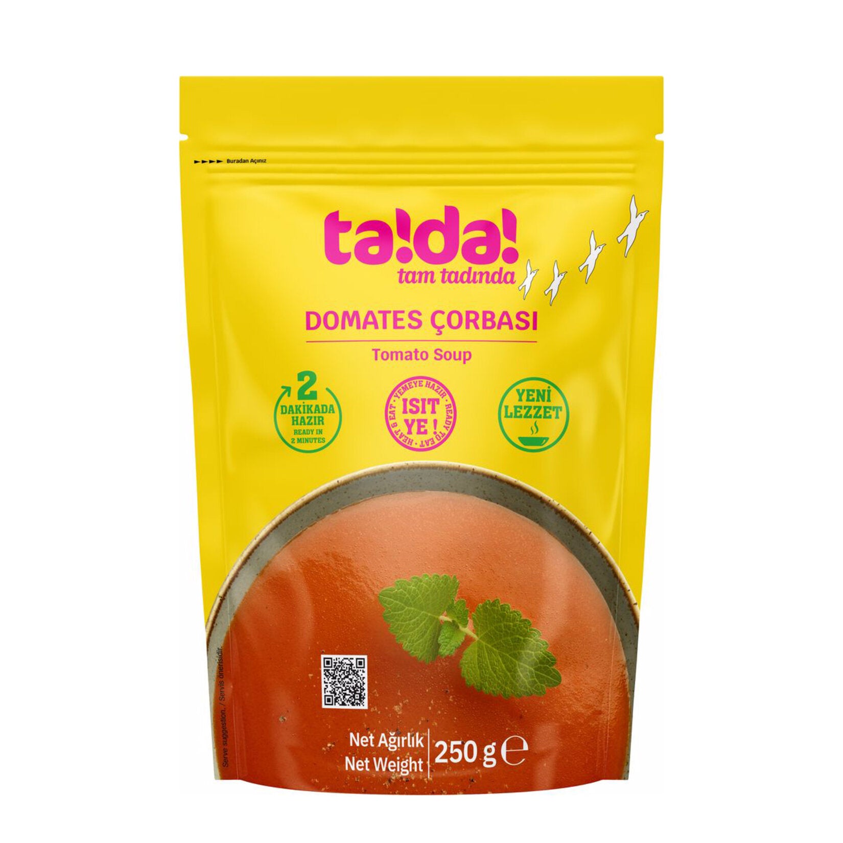 Warm up with a bowl of Tada Domates Corbasi, a classic Turkish tomato soup made with tomato puree, tomato paste, butter, and a balanced blend of spices.