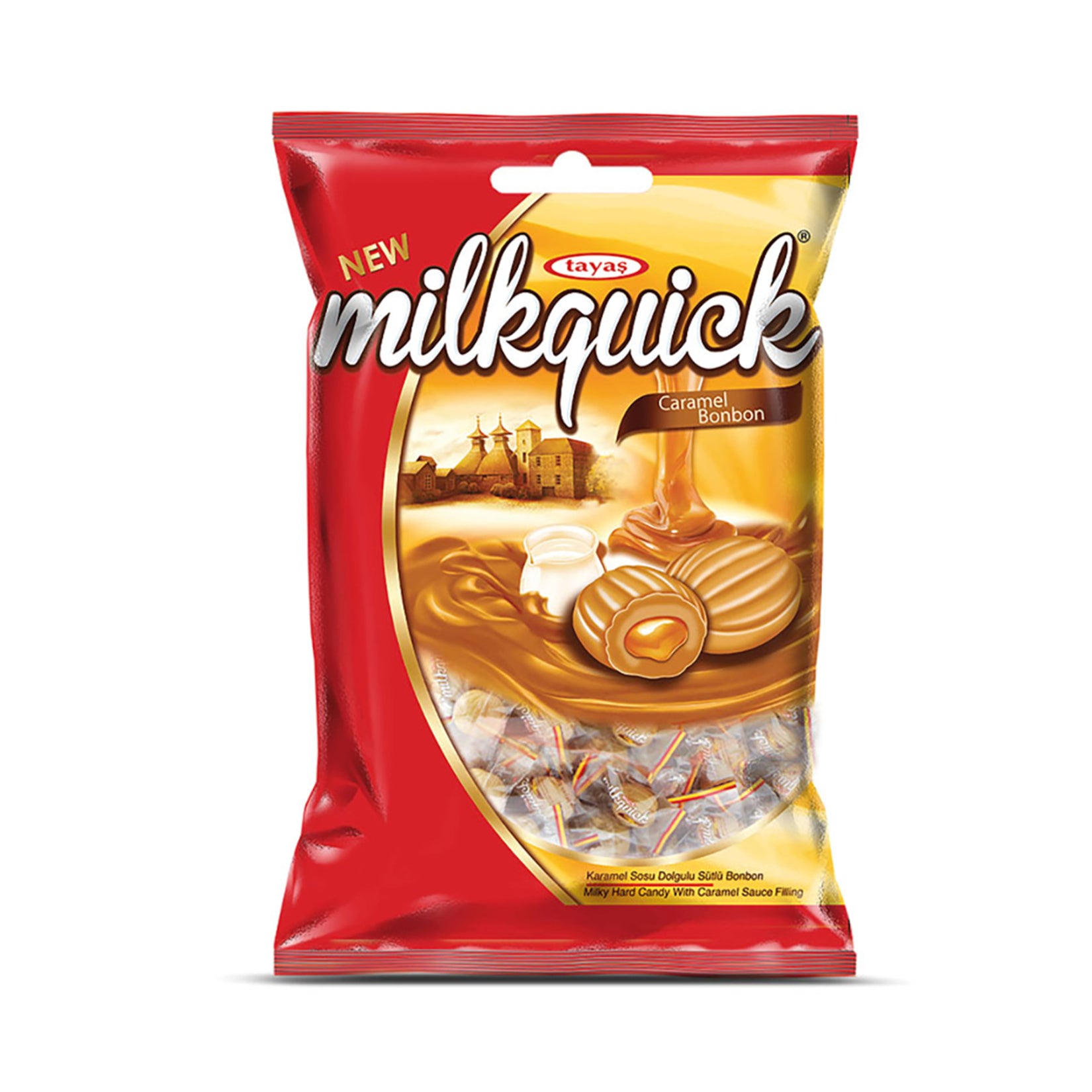Tayas Milkquick Caramel Filled Milk Hard Candy brings together a smooth milk-flavored hard candy shell and a rich caramel sauce center for a satisfying sweet treat.