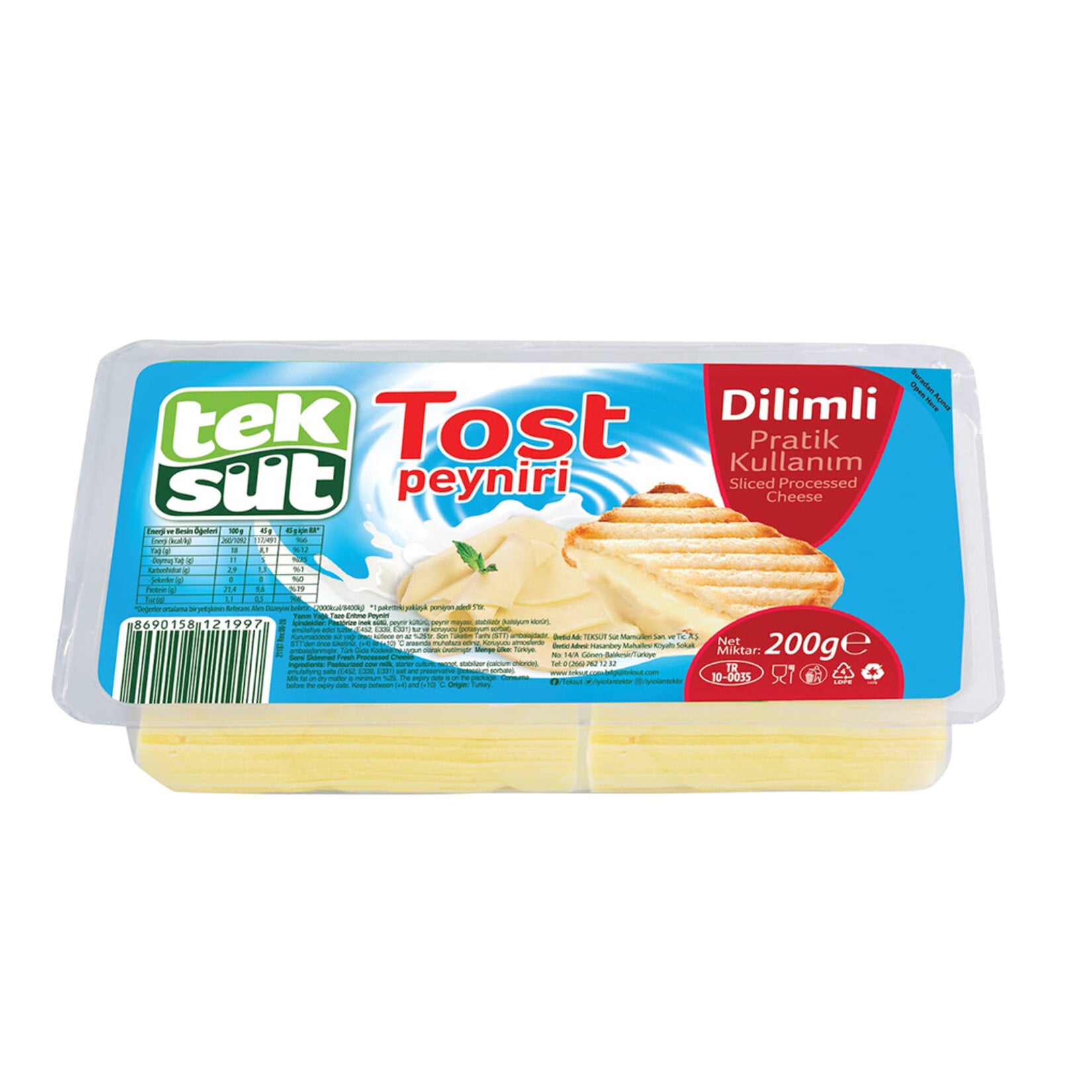 Teksüt Dilimli Tost Peyniri is a convenient, ready-to-use sliced kashar cheese made from pasteurized cow’s milk.