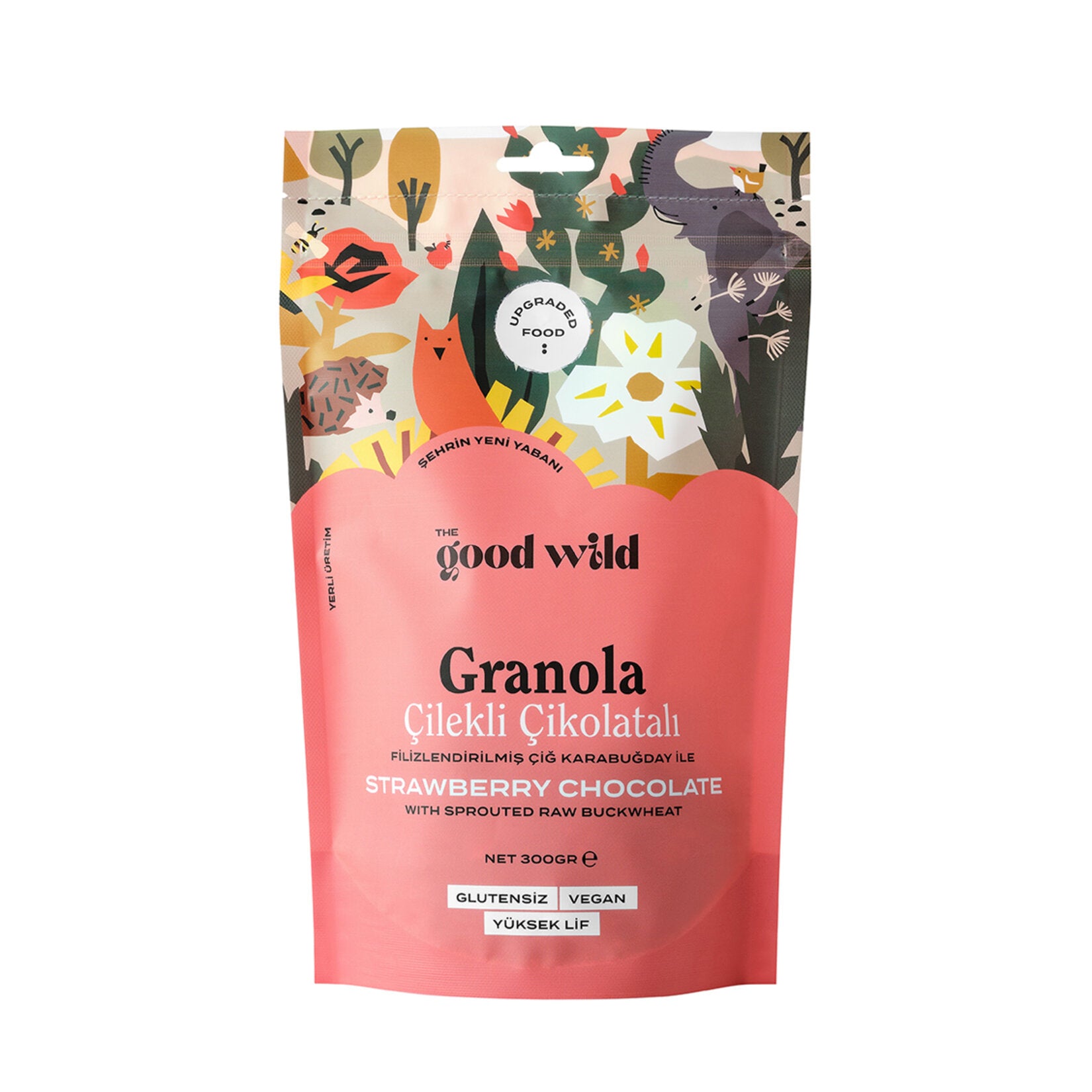 Start your morning with The Good Wild Strawberry Chocolate Granola, a wholesome blend of gluten-free oats, real dried strawberries, sprouted raw buckwheat, and rich dark chocolate pieces.