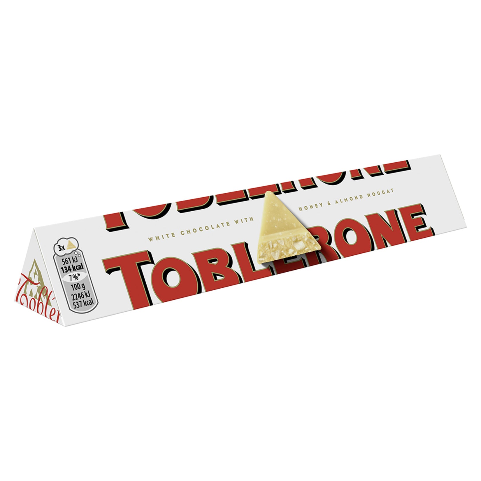 Enjoy the smooth, creamy taste of Toblerone White Chocolate, crafted with a unique blend of Swiss-style white chocolate, golden honey, and crunchy almond nougat.
