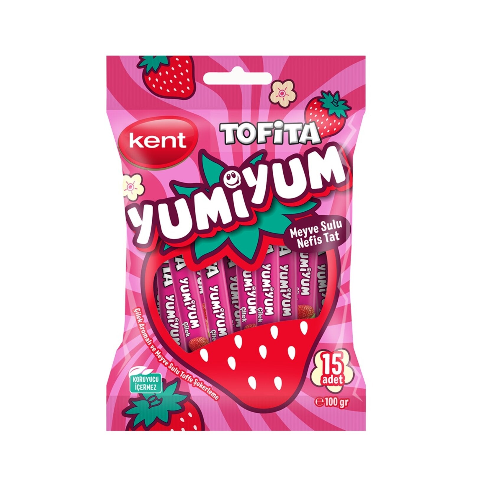 Tofita Yumiyum Strawberry Chews deliver a burst of juicy strawberry flavor in every soft, chewy bite.
