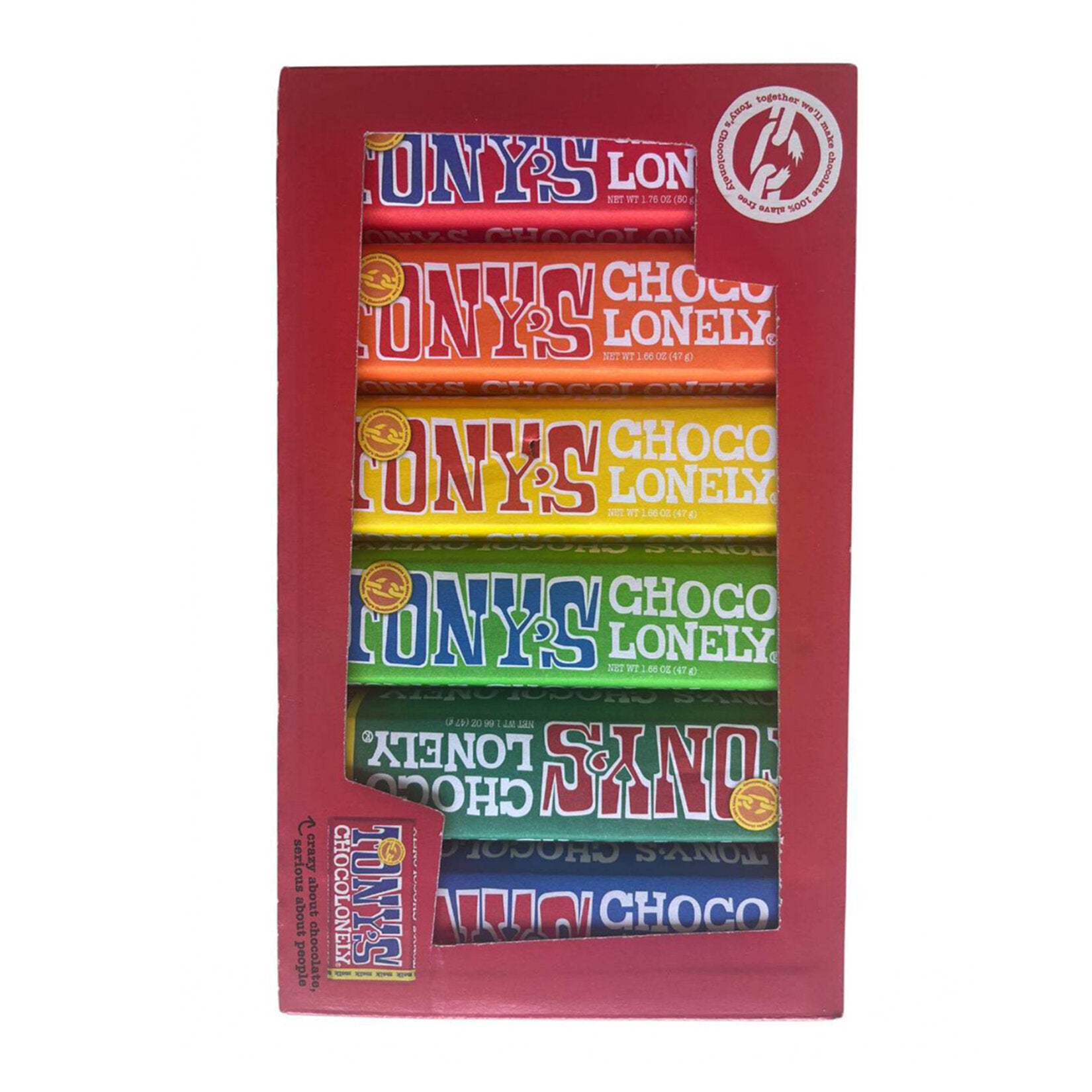 Discover a rich and flavorful variety of Tony's Chocolonely Assorted Chocolate Bars, featuring six delicious mini bars in milk, dark, caramel sea salt, nougat, almond sea salt, and hazelnut flavors.